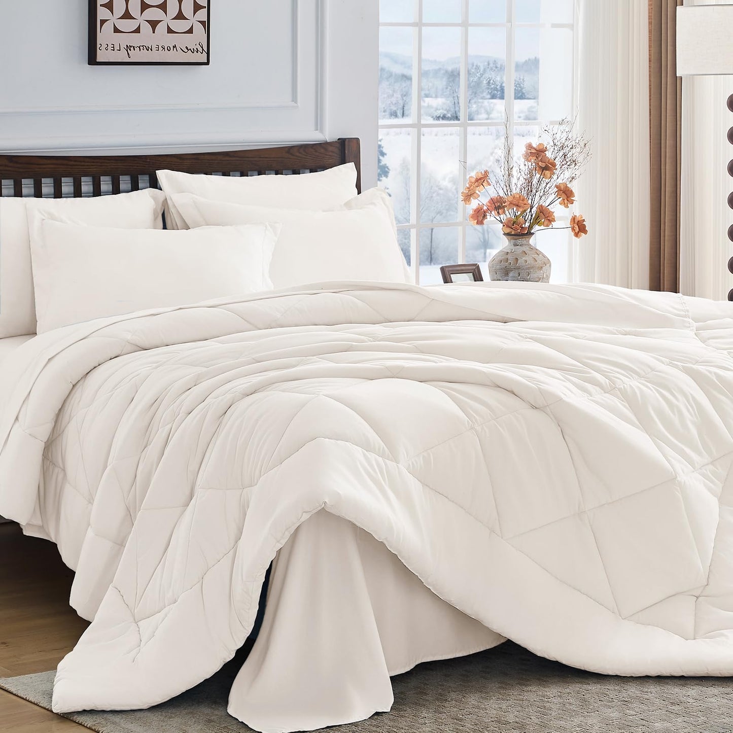 HEVUMYI Ivory Queen Comforter Set - 7-Piece All Season Bed in a Bag Queen, Ultra Soft Bedding Set with Comforter, Flat Sheet, Fitted Sheet, Pillowcases, Pillow Shams