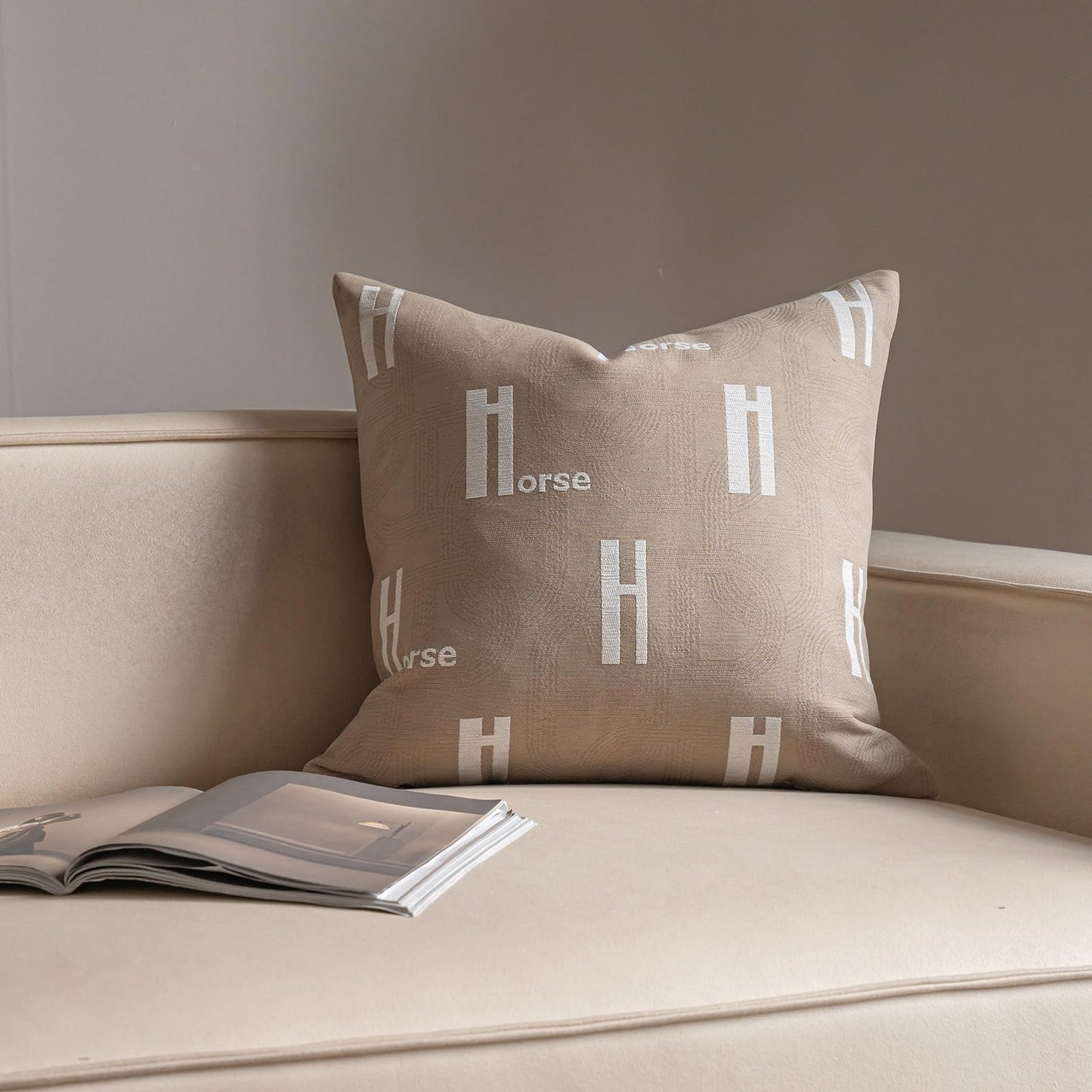 Croker Horse 20x20'' Inches Throw Pillow Cushion Cover - Beige H Letter Embroidery Modern Fashion Style Couch Sofa Pillow Cover for Living Room Bedroom