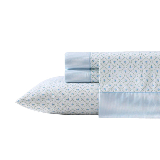 Laura Ashley – Twin Size Sheet Set, Crisp & Lightweight Cotton Percale Bedding with Fitted Sheet and Pillowcase, Floral Room Decor, Deep Pocket, College Dorm Room Essentials (Kate Blue)