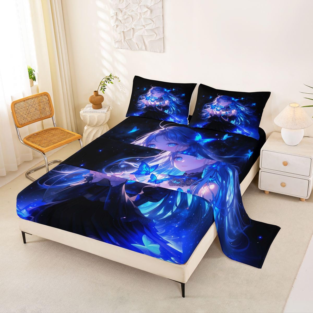 Erosebridal 3D Japanese Girl Bed Sheets Set Blue Butterfly Decorations Sheets Full,Cartoon Sheet Set for Boys Girls Anime Gifts for Her Bedding Sets Bedroom Decor 4 Pieces