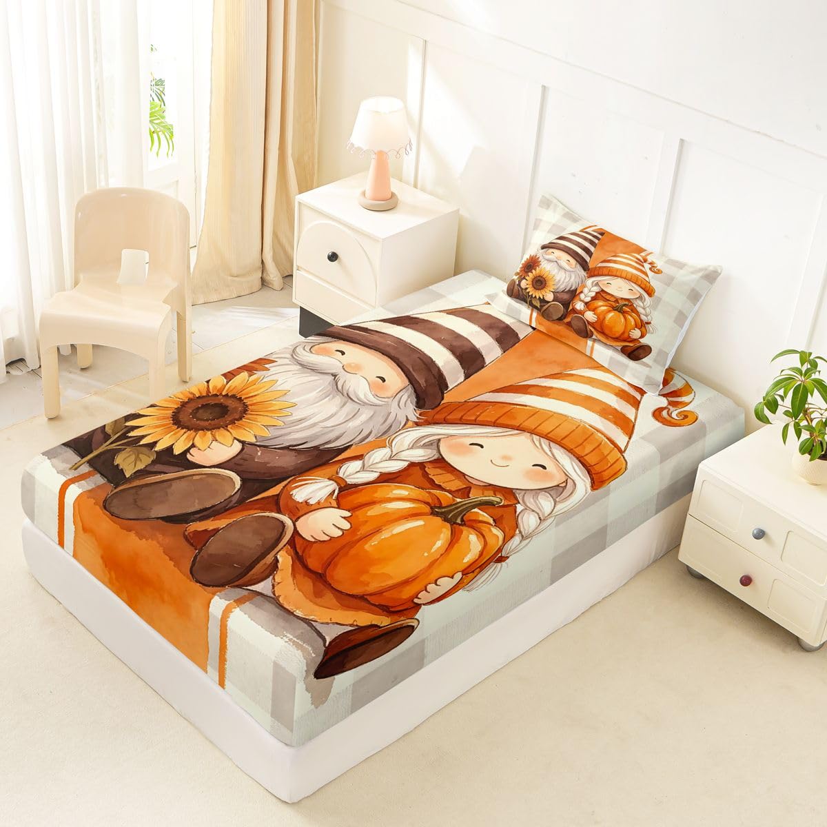 Erosebridal Couple Gnome Bed Sheets Twin Size Fall Sunflower Pumpkin Sheet Set Teens Men Women Geometric Stripes Plaid Bedding Set Neutral Cute Whimsical Autumn Sheets