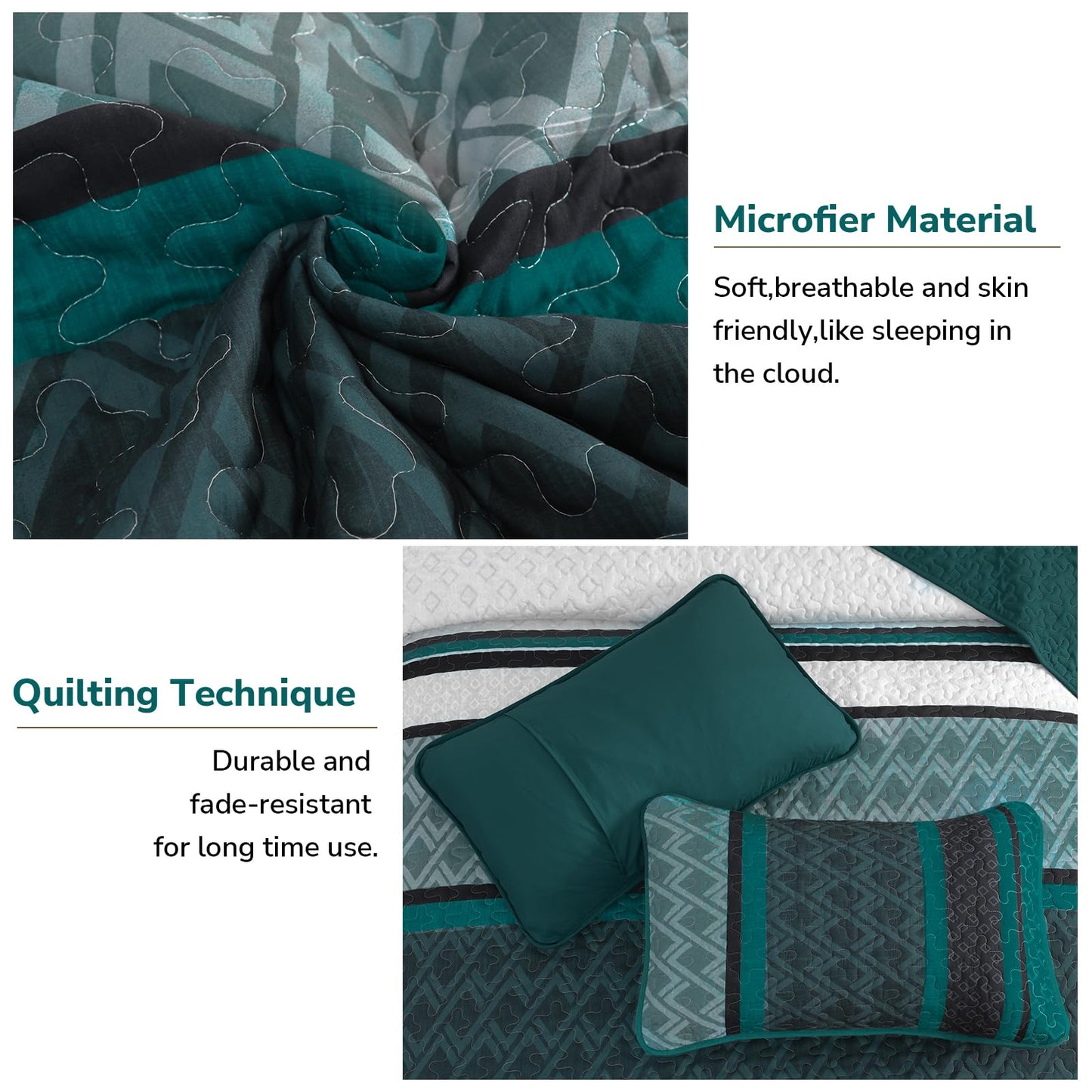 Dinjoy Boho Queen Quilt Set, Soft 3 Pieces Striped Bedspreads, Dark Green Bedding Sets Micofiber Lightweight Quilts with 2 Pillow Shams Coverlet Bed Sets for Women Men 96''x90''