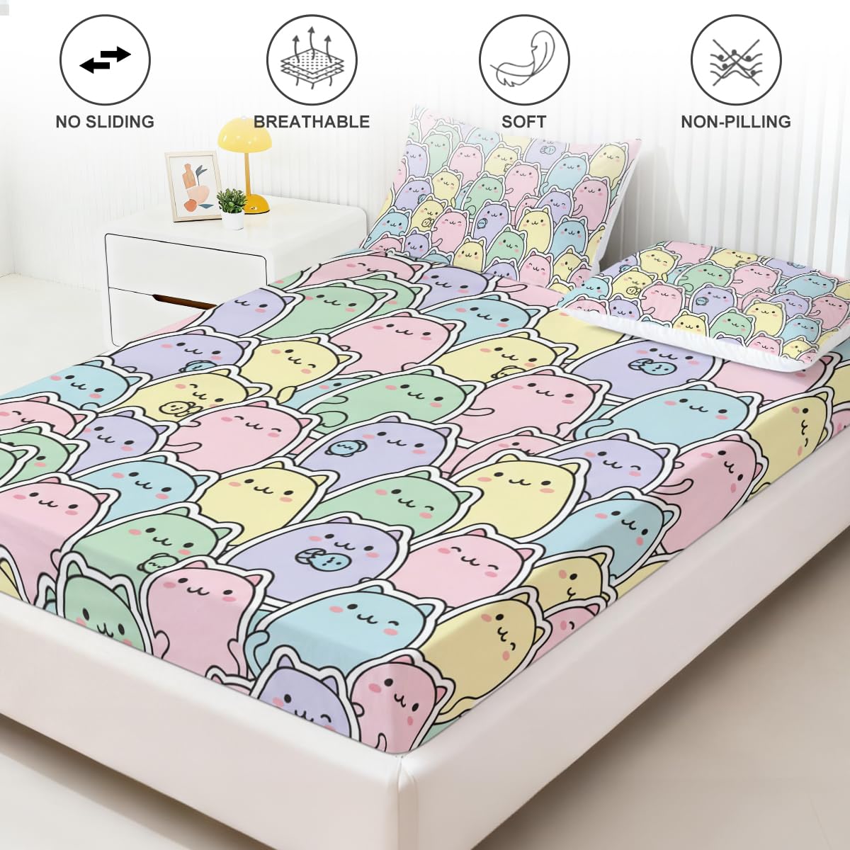 ARIGHTEX Cute Cat Fitted Sheet Set Twin Size, 3 Pieces Soft Kawaii Companion Bedding for Relaxing Sleep, Pastel Cartoon Kitty Microfiber Deep Pocket Bed Sheets with 2 Pillowcases (No Flat Sheet)