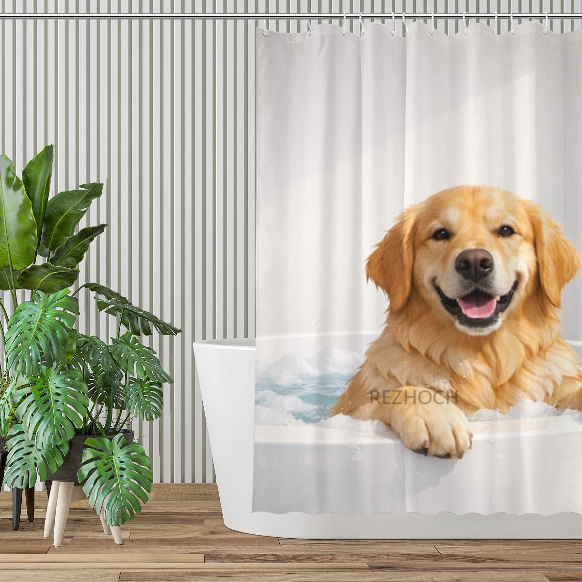 REZHOCH Funny Golden Retriever Shower Curtain 72x72 Inch Cute Animal in Bathtub Home Bathroom Decor Minimalist White Modern Art Waterproof Fabric Contemporary Gift Bath Set with Hooks