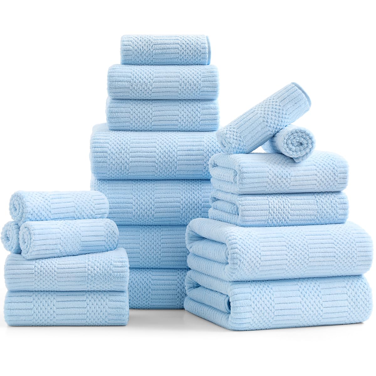 18 Pcs Blue Woven Family Towels Set-6 Bath Sheets,6 Hand Towels,6 Washcloths Soft Microfiber Towels Absorbent Shower Towel Quick Dry Beach Chair Towel Lint Less Towels Set for Bathroom Spa Gym Hotel
