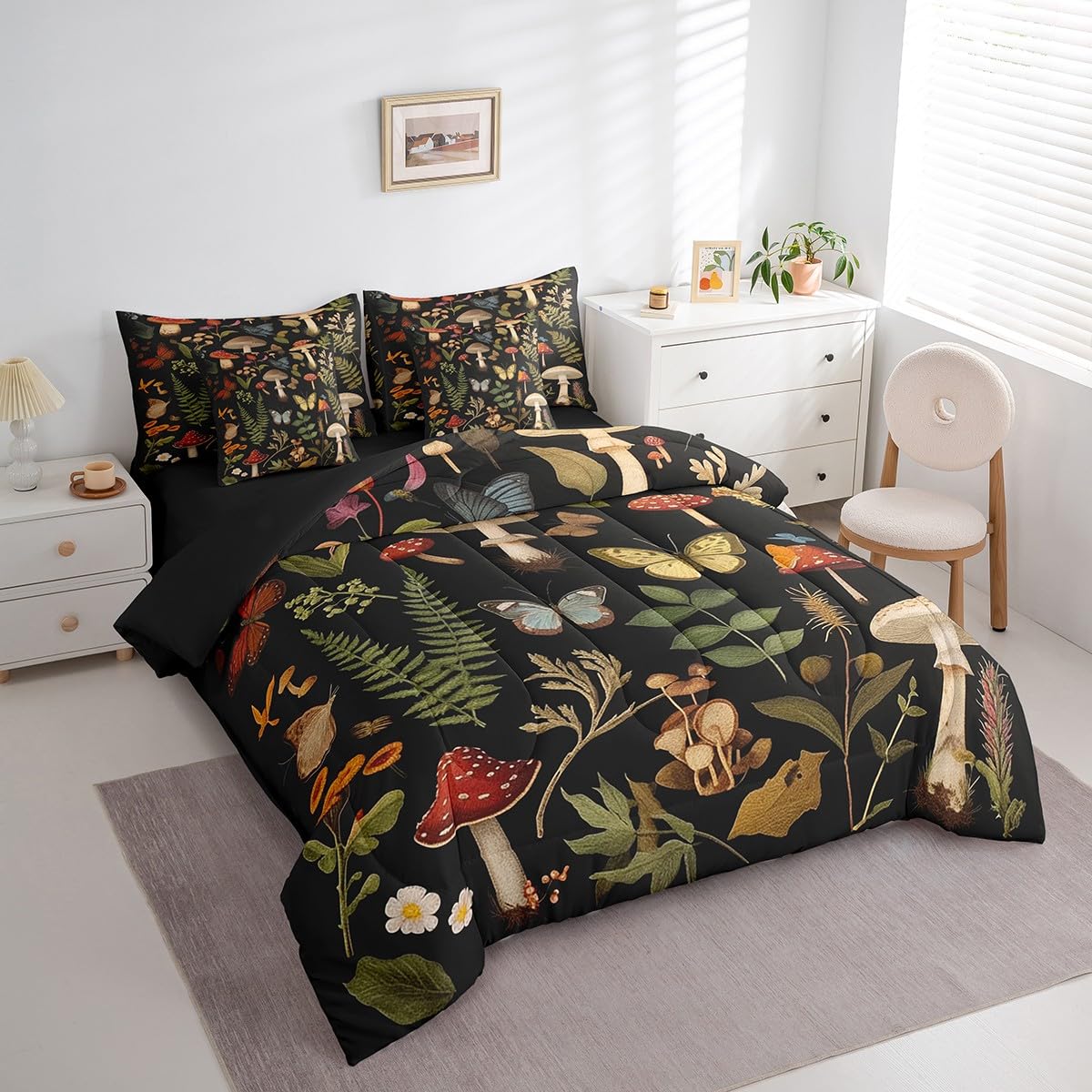 Erosebridal Mushroom Comforter Set Queen,Woodland Botanical Leaves Bedding Set 7Pcs for Kids Teens Adults,Butterfly Wild Safari Animal Bed in a Bag,Jungle Mushroom Print Quilt