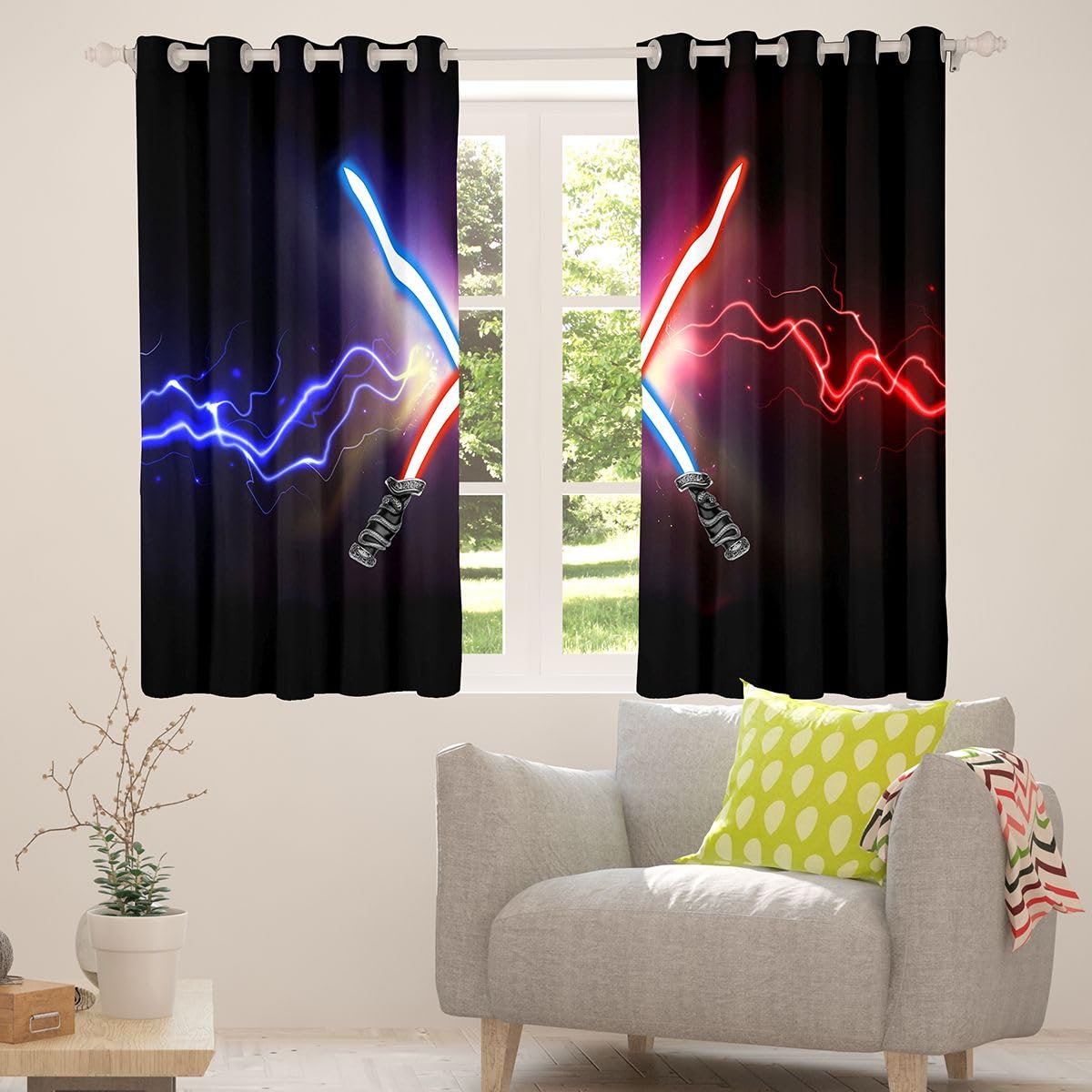 Castle Fairy Lightsaber Window Drapes,Blue Red Neon Lightning Sparkling Home Decor Curtains,Boys Games Starry Galaxy Black Durable Blackout Curtains for Kids Gifts,2 Panels, 38Wx54L inch