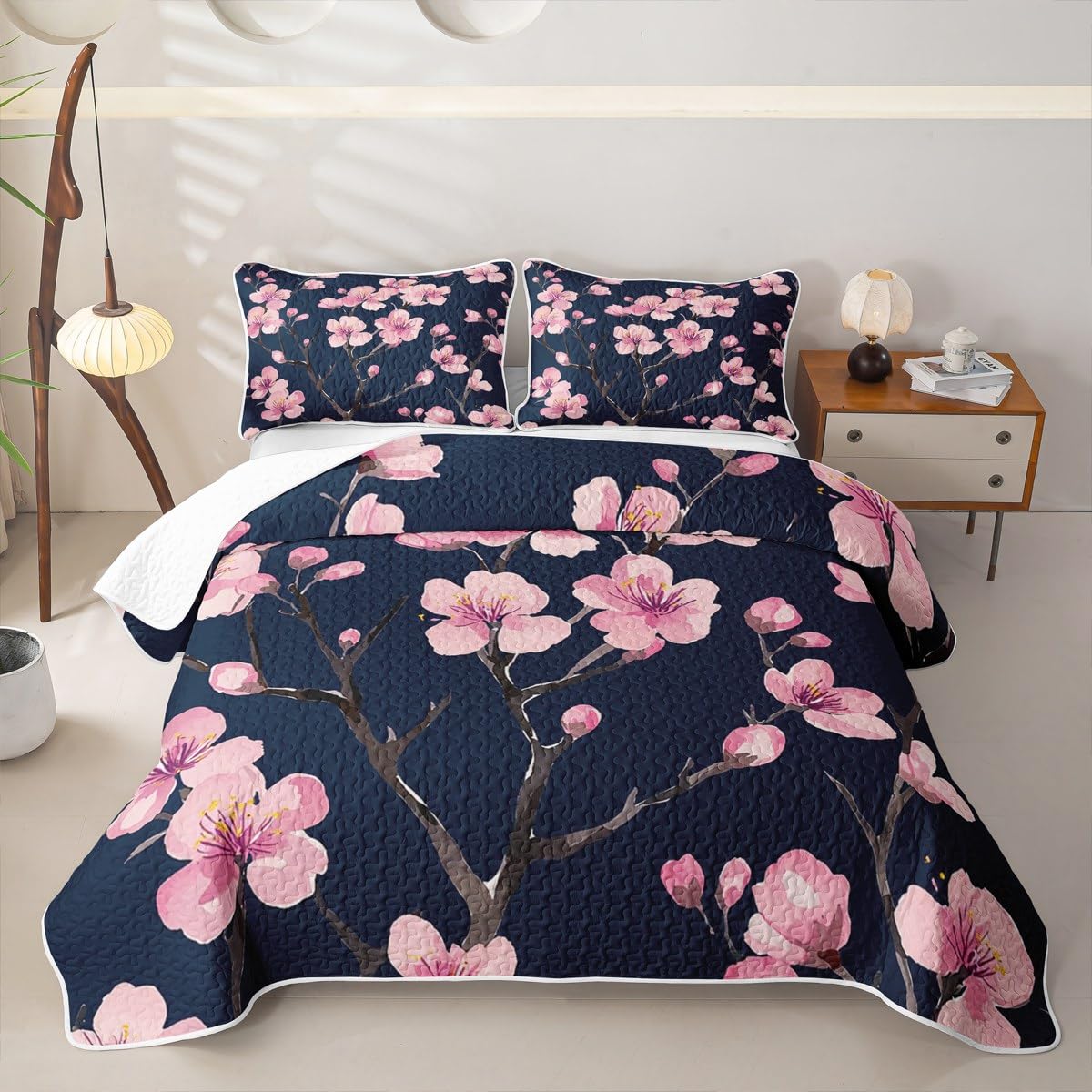 Erosebridal Girl Cherry Blossoms Quilt Set Queen Japanese Style Quilt Pink Flowers Bedding Coverlet Branches Plant Floral Bedspread