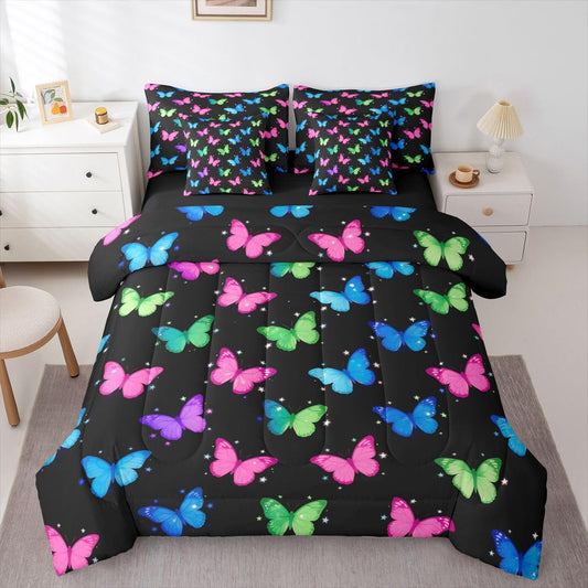 Erosebridal Neon Butterfly Print 7 Piece Bedding Set Twin Watercolor Butterflies Kawaii Comforter Set with Sheets Colorful Animals Print Bed in a Bag Vibrant Star Motif Bed Sets Comforter
