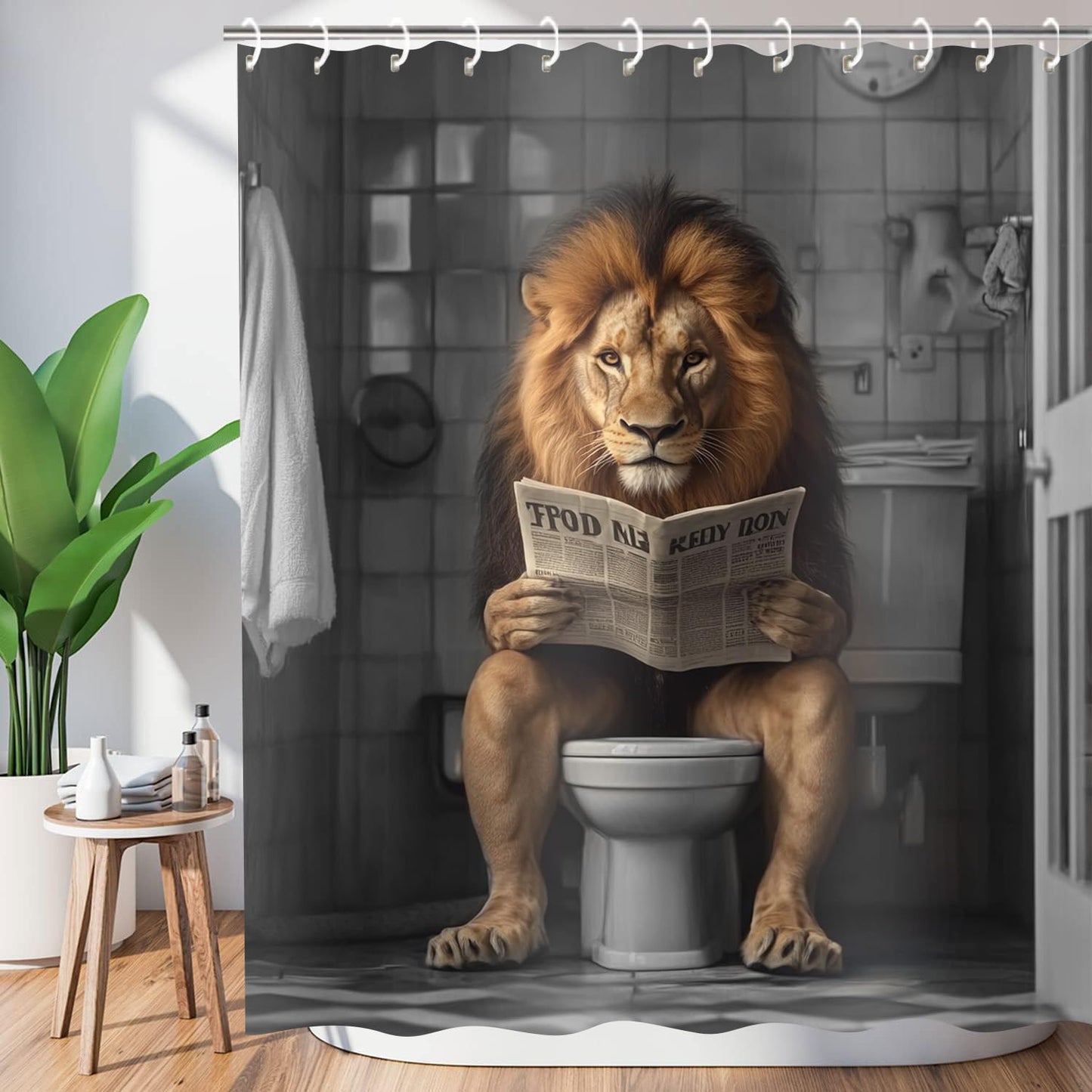 JAWO Funny Shower Curtain Farmhouse Cool Lion Shower Curtains for Bathroom Grey Brown Humor Animal Reading on Toilet Vintage Western Large Cat Bathroom Curtain Polyester Fabric Set Hooks 72X72
