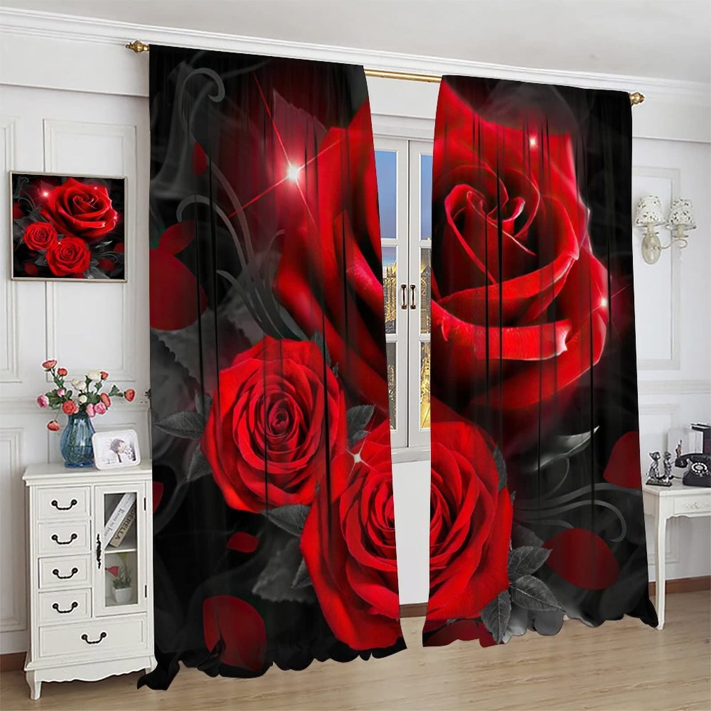 Red Roses Curtains Black Black Out Curtains Children's Room Curtains 42x45in