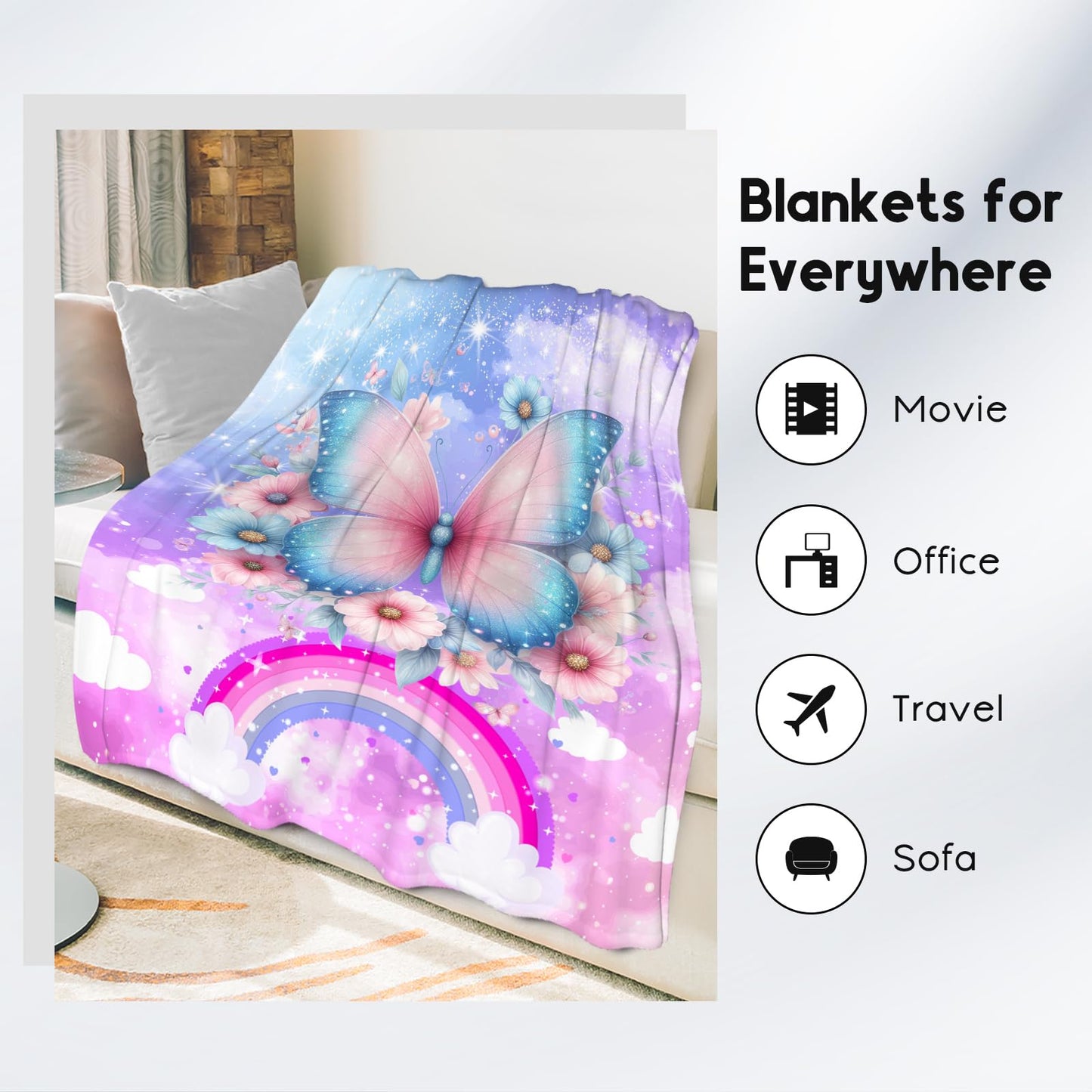 Blanket for Girls, Butterfly Gifts for Women, Butterfly Flannel Blanket for Kids, Soft Warm Throw for Sofa Nap, 40"x50"