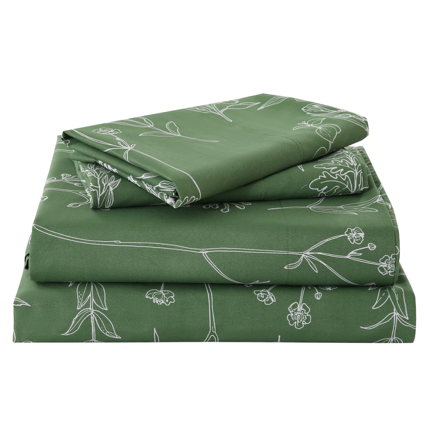 Yibeizi Green Floral Sheet Set King, Botanical Rustic Pattern Bed Sheets Boho Bedding Sheets & Pillowcases Soft Microfiber 15" Extra Deep Pocket Fitted Bedsheet 4 Piece