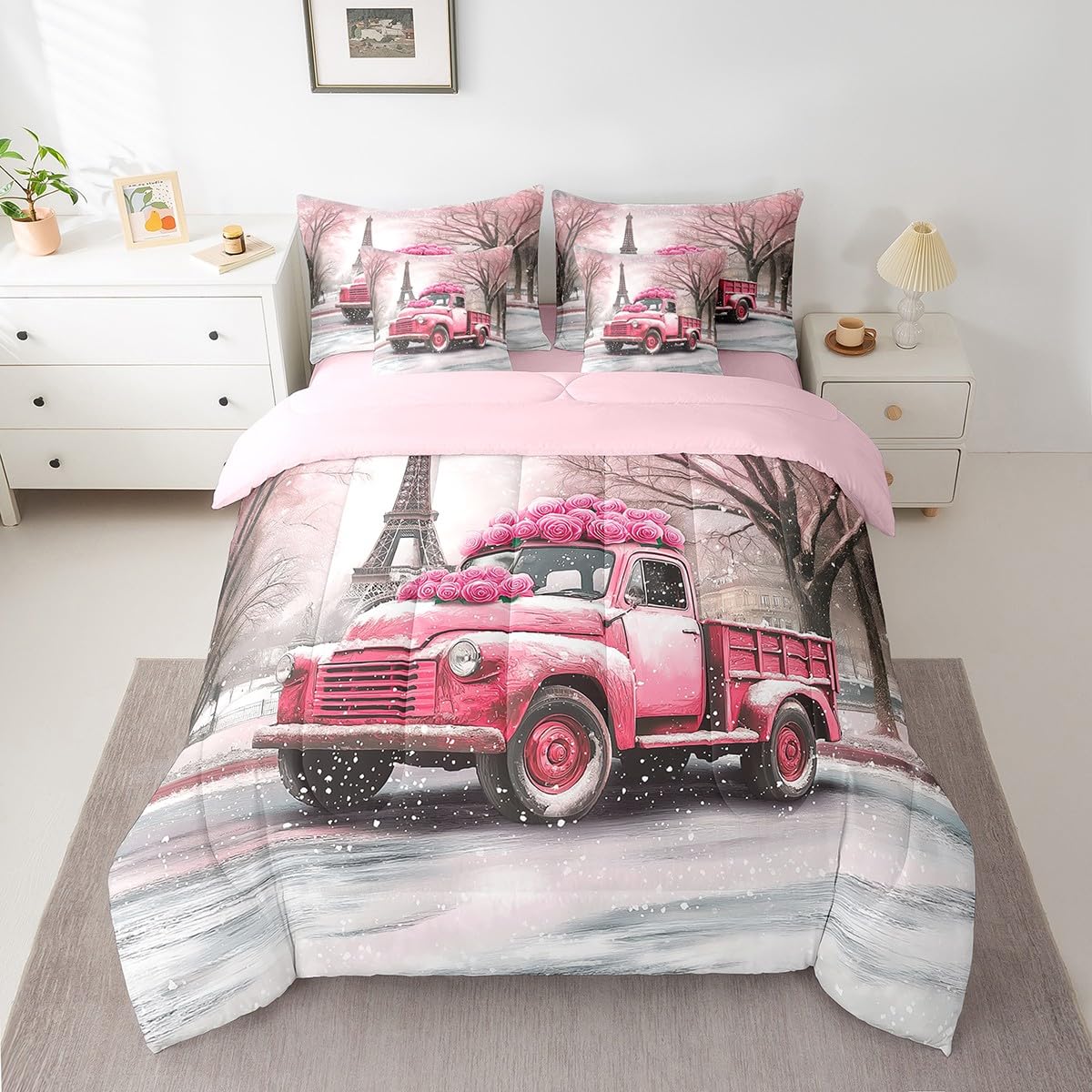 Erosebridal Valentine's Day 7 Piece Bedding Set Pink Roses Truck Car Comforter Set Full Size,Eiffel Towel Bed in A Bag for Kids Boys Girls Teen,Winter Snowflakes Trees Sheet Set with Comforter