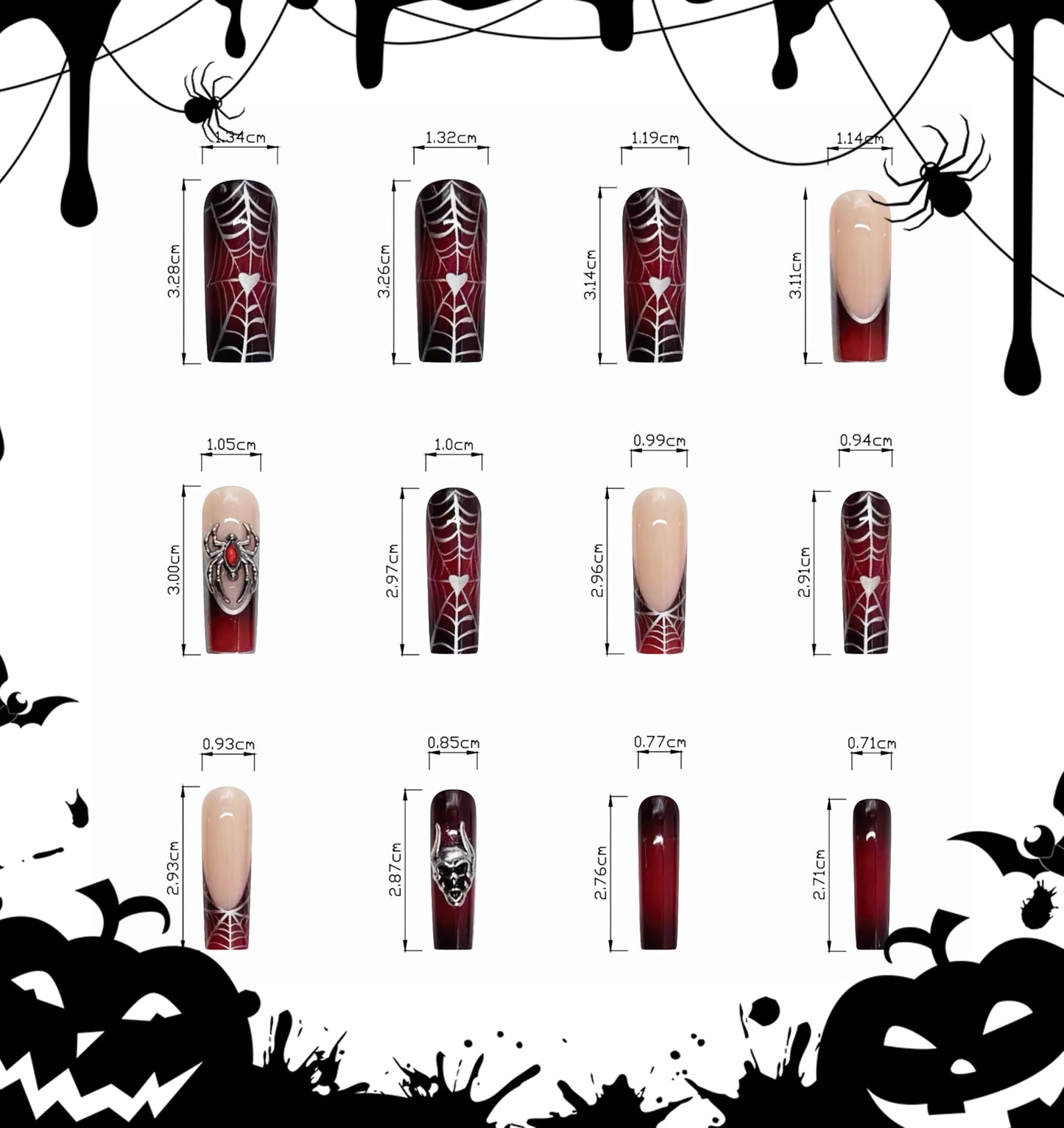 BABALAL Long Square Press on Nails - Goth Dark Black Red Metallic Spider Skull Charm Design Halloween Luxury Acrylic Nails Squoval 24Pcs