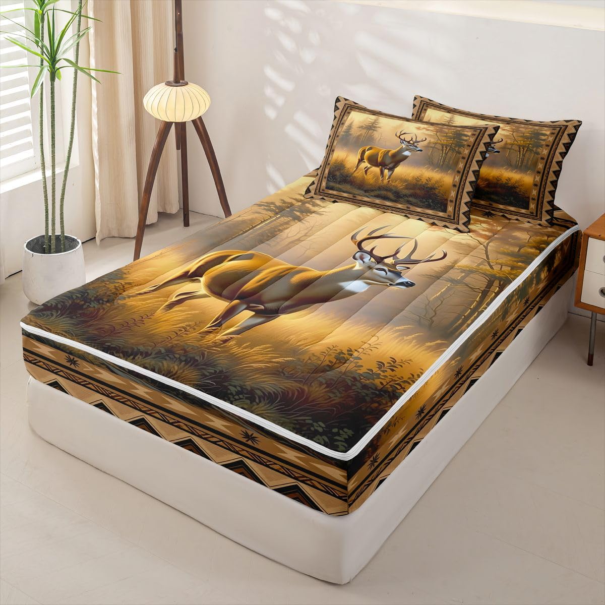 Feelyou Deer Zipper Bedding Twin Deer Hunting Zipper Bedding Sets for Kids Boys Girls Western Farmhouse Comforter Set with Fitted Sheet and 2 Pillowcases Bedroom Decor