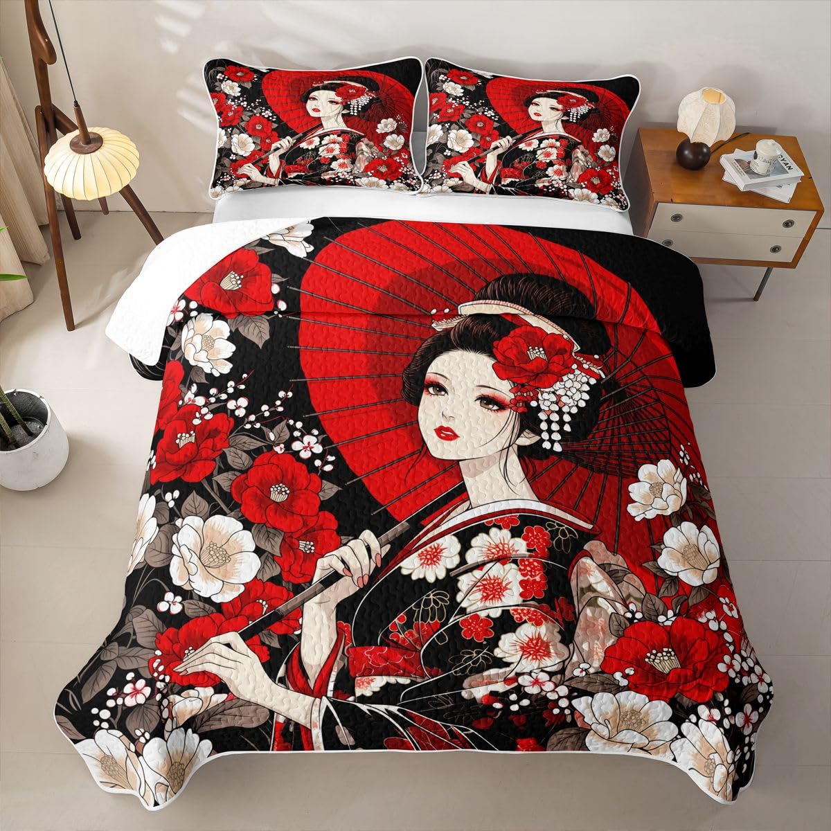 Erosebridal Japanese Quilt Twin Size - Geisha Bedspread Japan Women Bed Coverlet with 1 Pillowcase