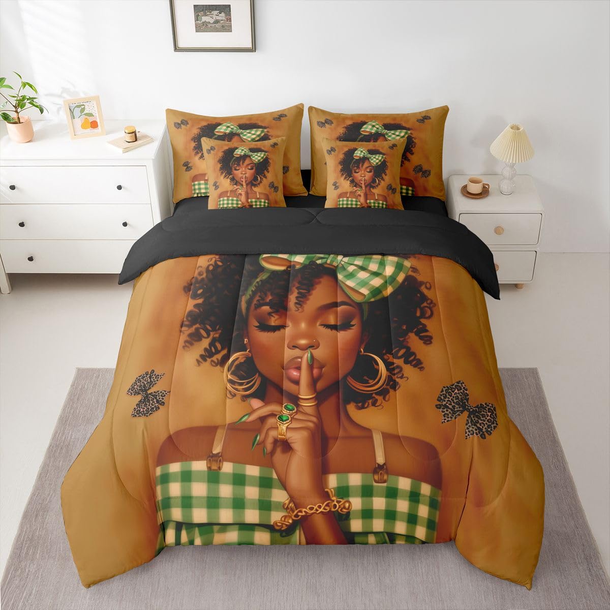 Erosebridal Cute Bow Black Girls Queen Bedding Set Green Geometric Grid Comforter Set with Flat and Fitted Sheet Leopard Print Bowknot 7-Piece Bed in a Bag Coquette Cheetah Bows Quilt Sets