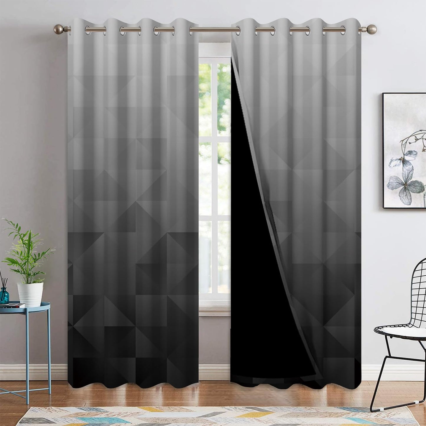 Xiazhilaio Gray Ombre Blackout Curtains 52 x 84 Inch, 2 Panels Gradient Geometric Print Drapes with Grommet Top, Modern Minimalist & Urban Style Window Treatment for Bedroom Living Room