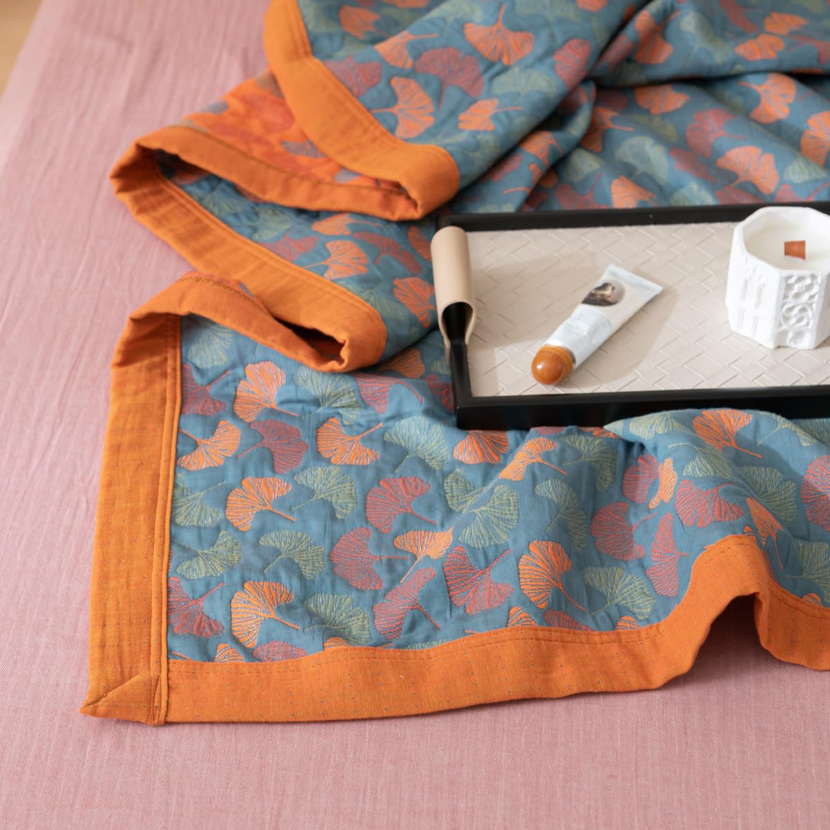 Purefair 100% Cotton Muslin Blanket Jacquard Floral Ginkgo Leaves Quilt, Soft Bed Cover 3 Layers Reversible Bedspread Coverlet Breathable Lightweight Bedding Full/Queen(78"x94"), No Pillow Sham
