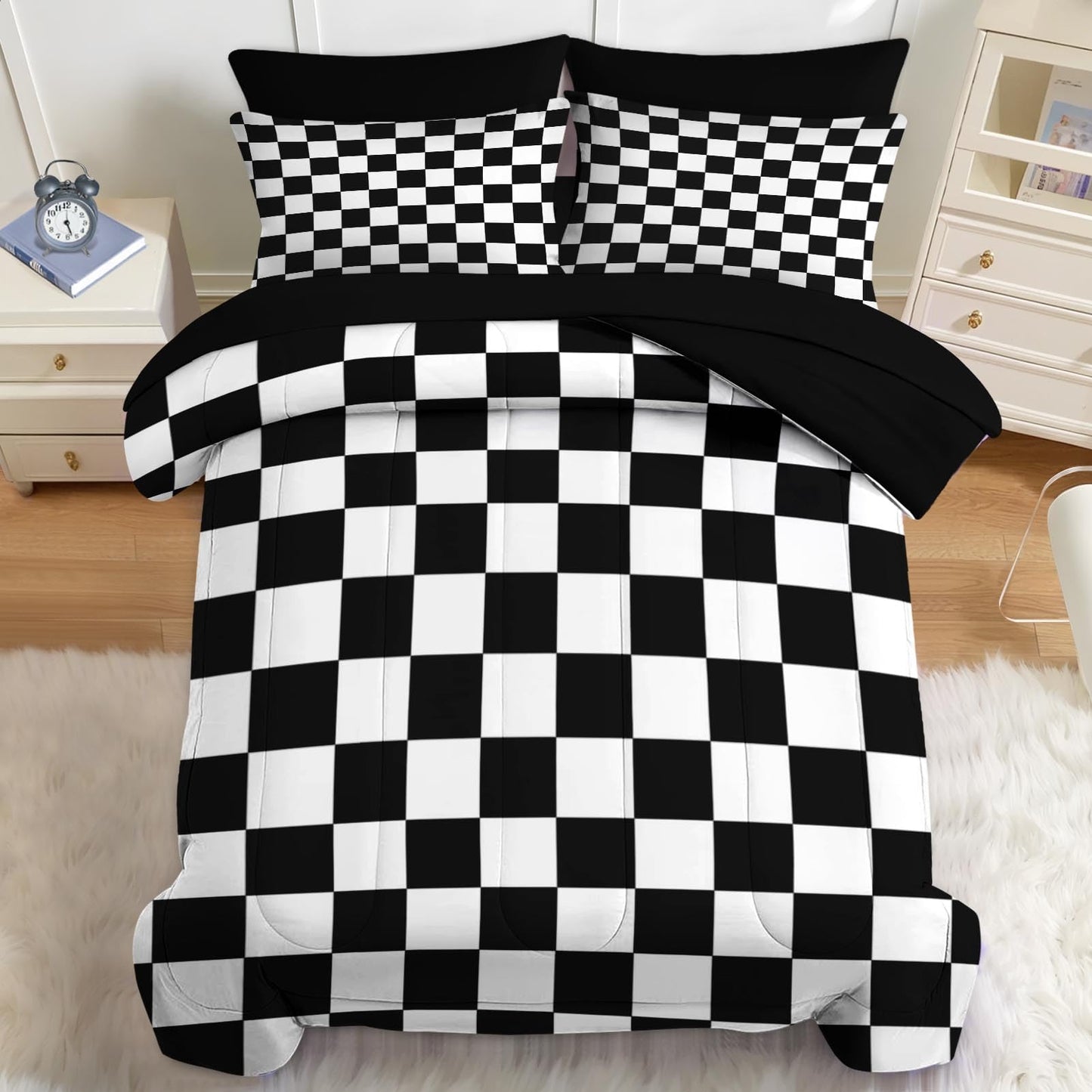 Nesker Comforter Set King Size, Black and White Plaid Geometry 7 Pcs Bedding for Kids and Adults, Checkerboard Grid Black Bed Sheet Sets with Fitted Sheet 2 Pillowcases & 2 Shams