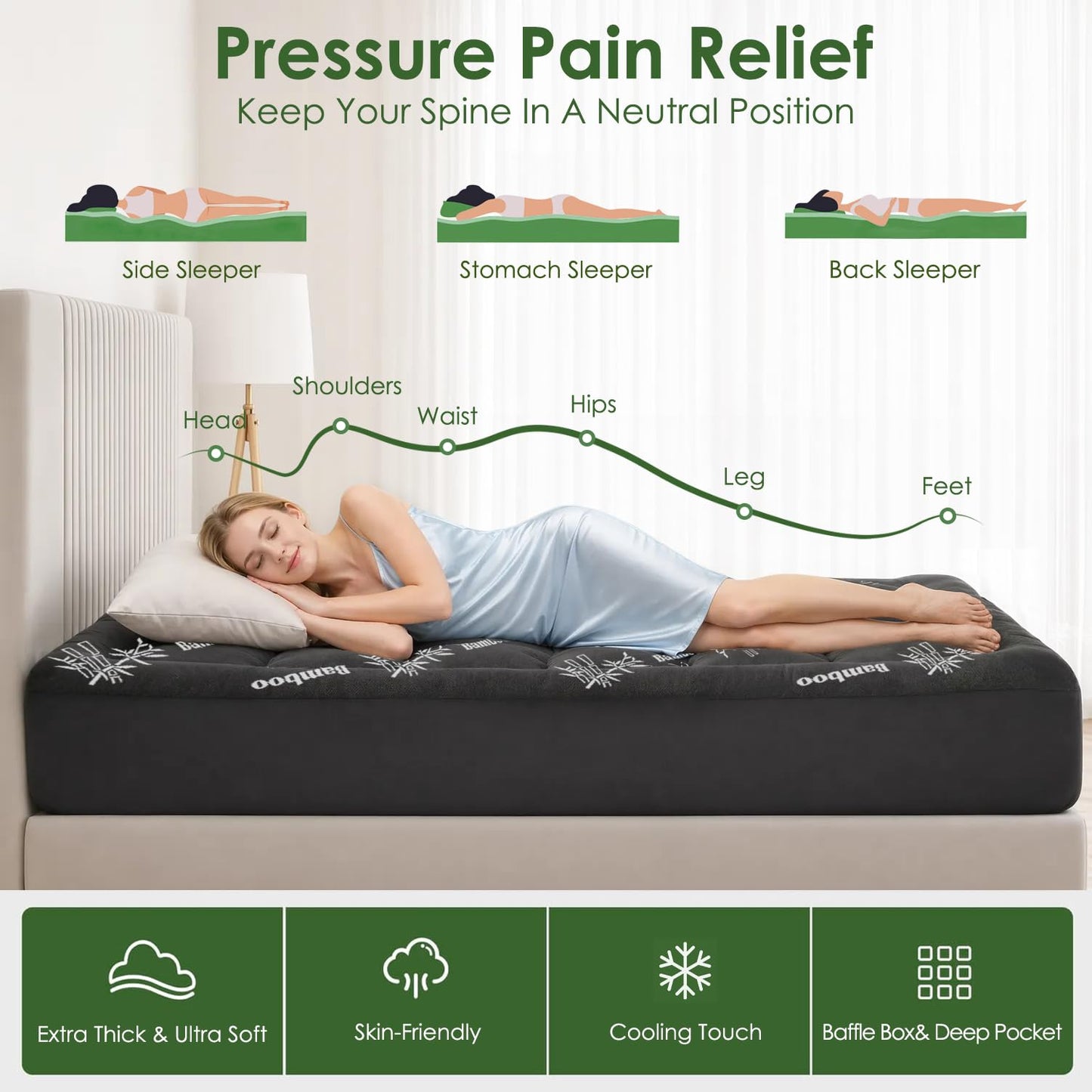 Queen Mattress Topper Viscose Derived from Bamboo, Cooling Thick Pillow Top Mattress Pad with Deep Pocket for 8"-21" Mattress, Soft Breathable Mattress Topper for Back Pain Relief, Black