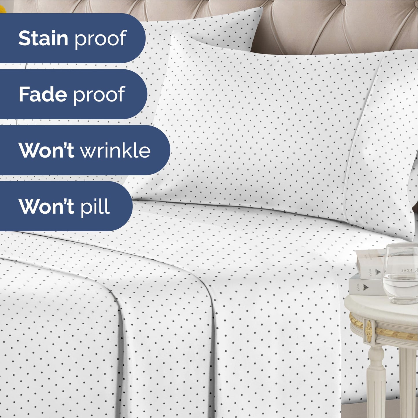 Blue Polka Dots Bed Sheet Set – 1 Flat & 1 Fitted Sheet & 2 Pillowcases w/ Deep Pockets – Polka Dot Bedding - Wrinkle & Fade Resistant - Soft, Breathable & Cooling - Comfy, Luxury Bed Set - Queen Size