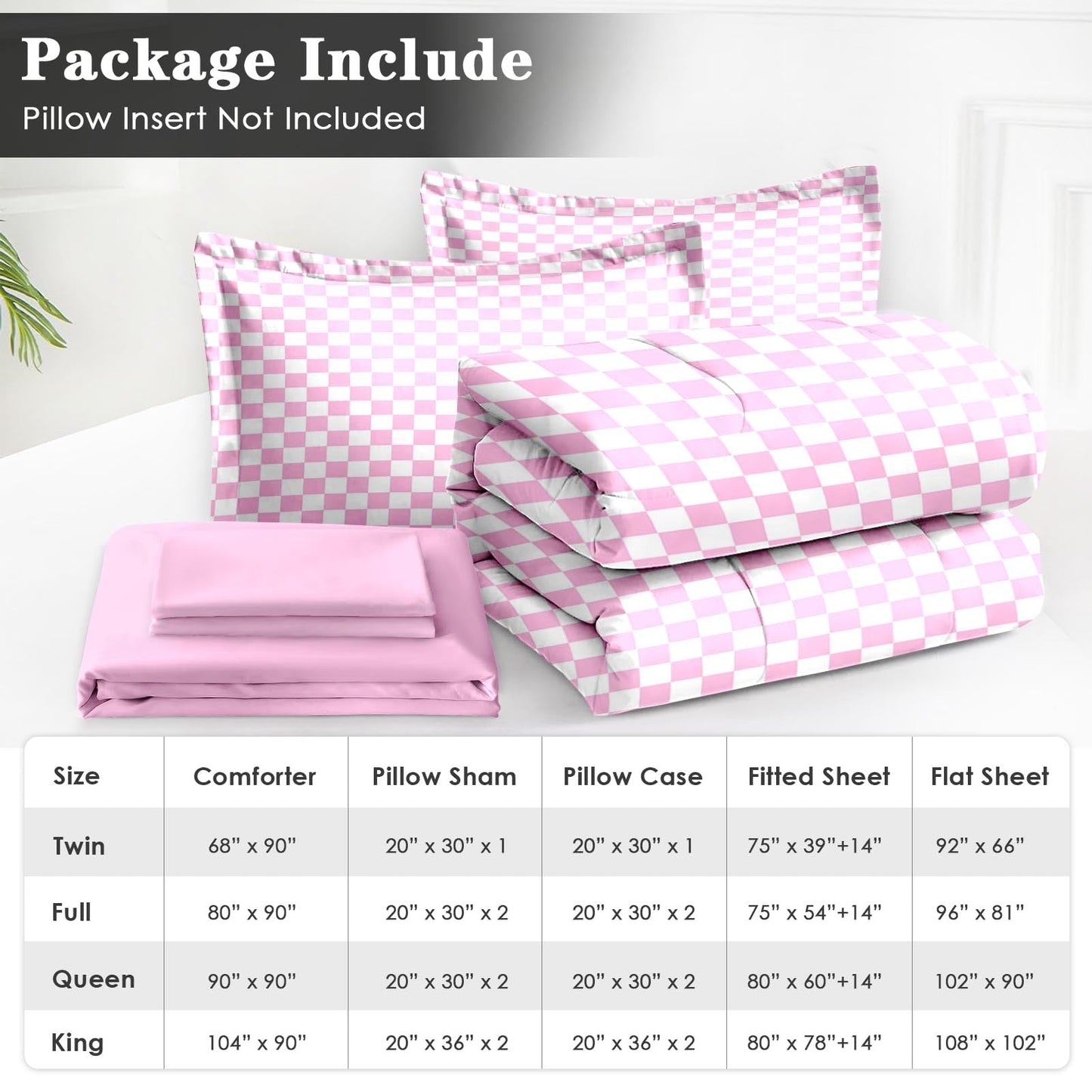 Checkerboard Grid Geometric Bean Pink Comforter Set 7 Pcs Full Size Quilt, Checkered Modern Abstract Plaid Soft Bedding Set with Flat and Fitted Sheet Pillowcases Sham for Adults Bedroom Bed Decor