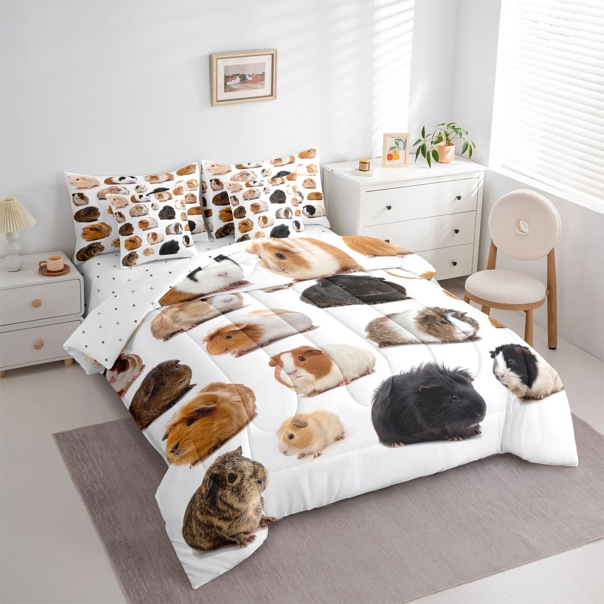Erosebridal Guinea Pig King Comforter Set Cute Mouse 3D 7 Pieces Bedding Rodents Animal Bed Set Kids Boys Girls Teens Bed in A Bag