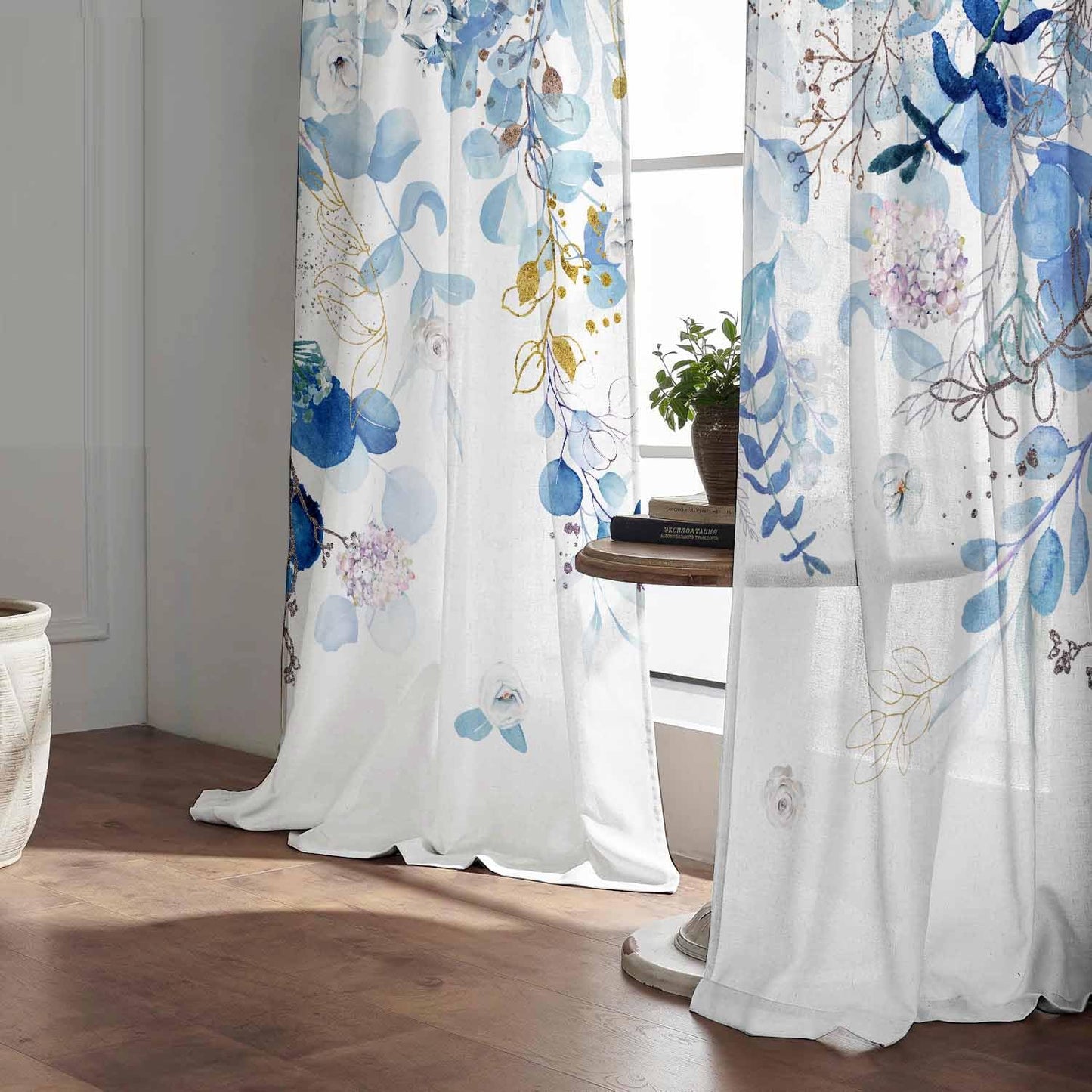 Blue Eucalyptus Curtains for Living Room 84" Length Watercolor Leaf Plant Spring Summer Blue and White Semi-Sheer Curtains for Bedroom Kitchen Windows,Botanical Nature Light Blue Gold Curtain, 2 Pack