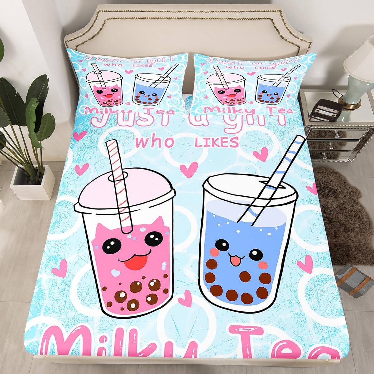Boba Bed Sheet Set Girl Loves Boba Bedding Set Kawaii Bubble Tea Stuffed Fitted Sheet for Kids Adults Cartoon Boba Bed Cover Full Size Bed Set