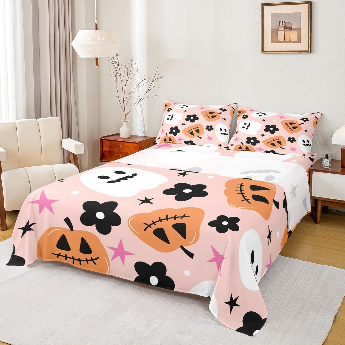 jejeloiu Cute Halloween Bed Sheets Set King Size Cartoon Ghost Pumpkin Fitted Sheet for Kids Boys Girls Trick or Treat Decor Bedding Set Soft Lightweight Microfiber Bedroom Decor（with 2 Pillow Cases）