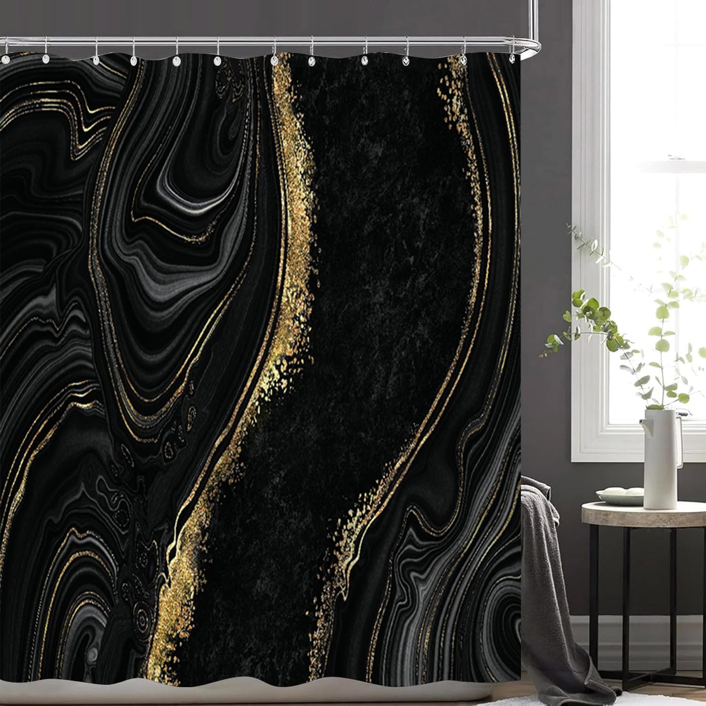 NBVKO 4Pcs Black Gold Marble Shower Curtain Sets with Rugs Bathroom Sets with Shower Curtain and Rugs Modern Abstract Bathroom Decor Accessories Shower Curtains for Bathroom Toilet Lid Cover