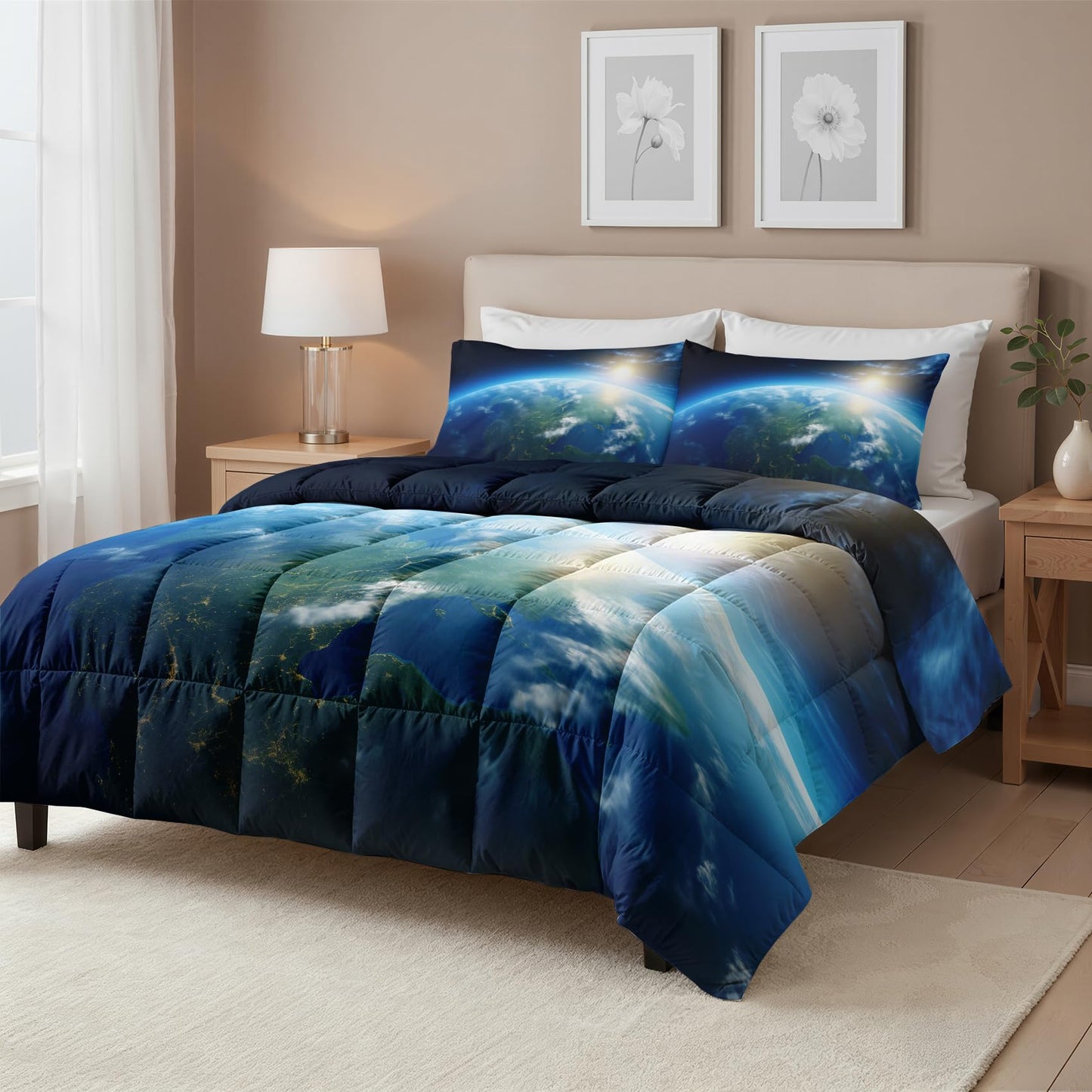 Earth Comforter Set Queen Size 3 Pcs - All Season Comforter & 2 Pillowcases, Space Planet Bedding Set, Soft Lightweight Down Alternative Duvet Insert, Boys Astronomy Bedroom Decor