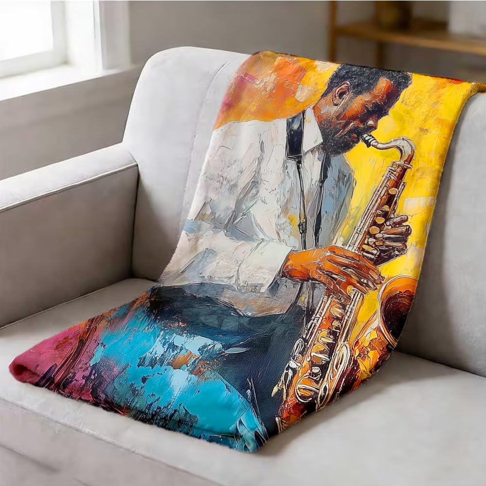 ZHOUSHUTONG African American Music Throw Blanket Black Music Print Super Soft Warm Cozy Flannel Blanket for Couch Bedroom Office Home Decor Gift for Music Lovers 49"x59"