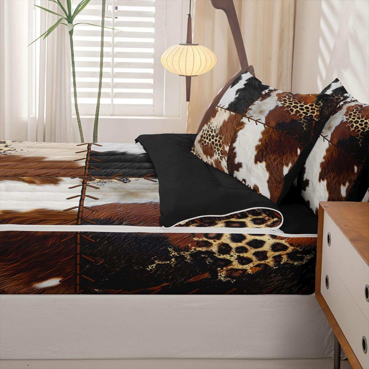 Feelyou Cow Fur Zipper Bedding Sets Kids Cowhide Print Queen Comforter Set with Fitted Sheet Boys Girls Decor Western Farm Animal Skin Comforter Plaid Grid Black Yellow Bed in A Bag