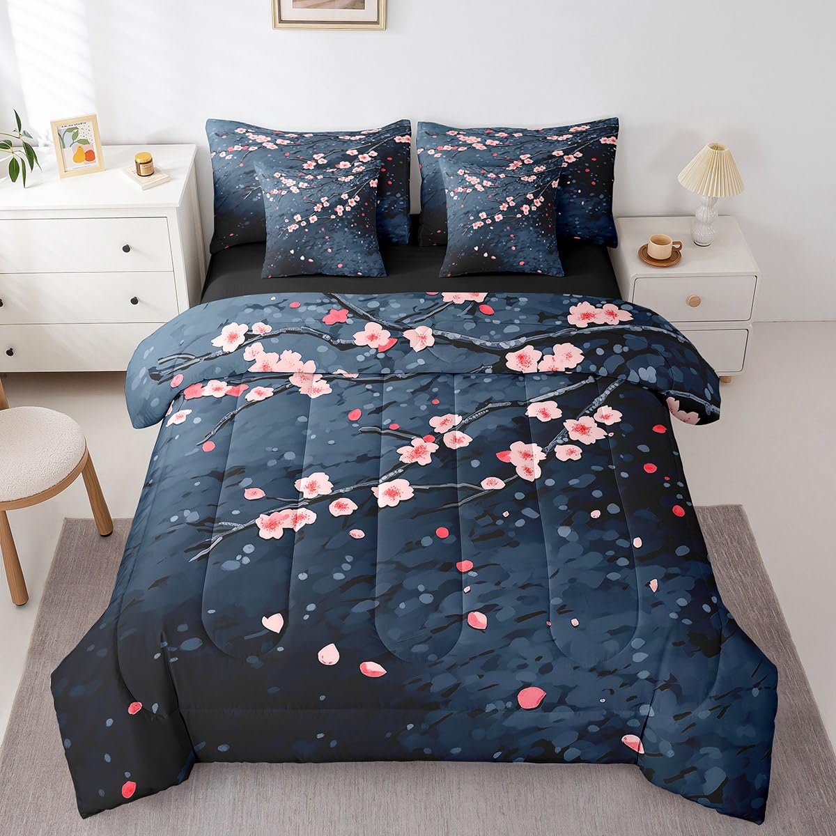 Erosebridal Japanese Cherry Sakura 7 Piece Comforter Set Queen Bed in a Bag,Pink Blossom Bedding Set for Kids Teens Boys Girls,Floral Branches Quilt Duvet,Dark Blue Reversible Sheet Set