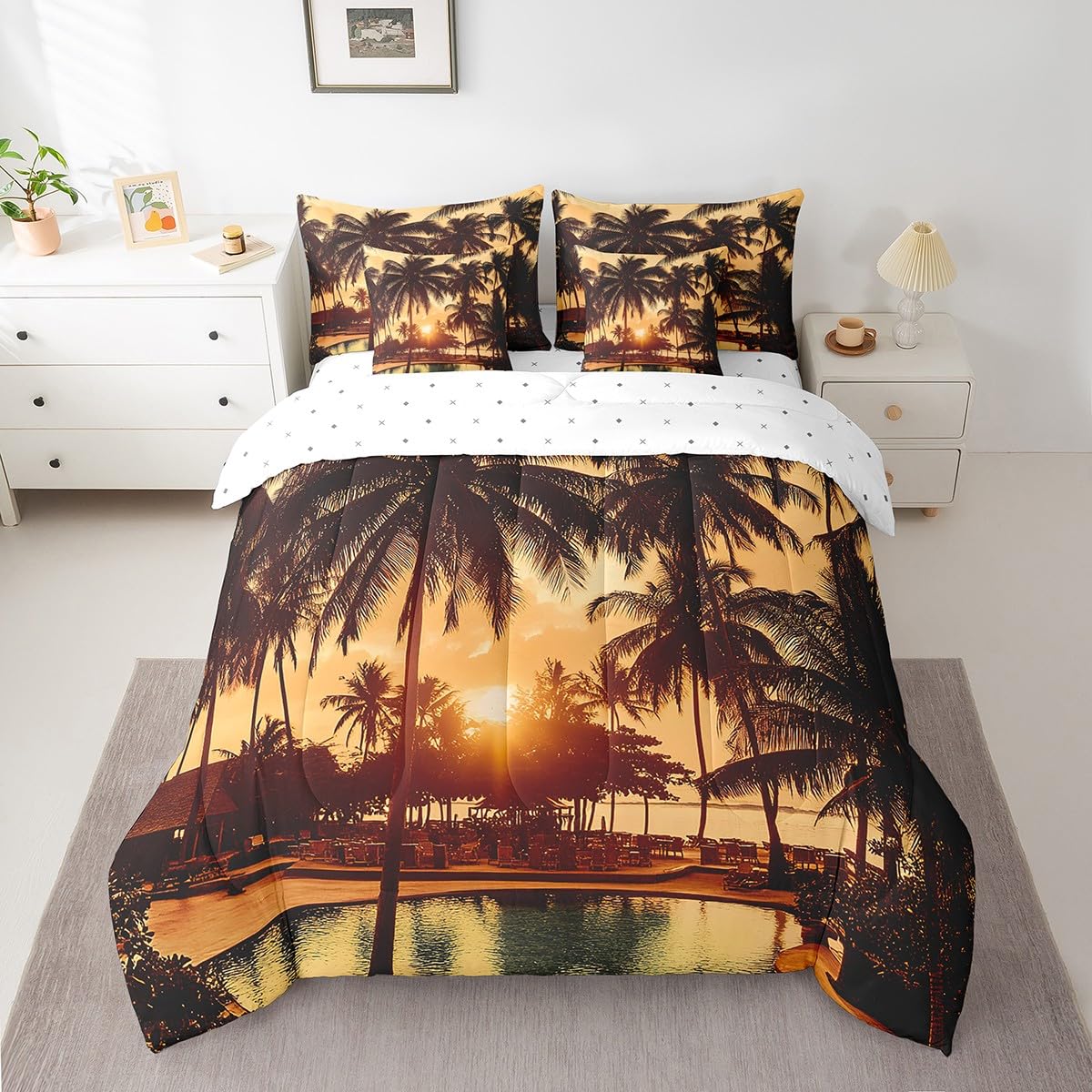 jejeloiu Palm Tree Comforter Set 7 Pieces Full Size Kids Palm Leaf Bed in a Bag for Boys Girls Hawaiian Tropical Island Bedding Set Summer,Comforter + Sheets + Pillowcases + Cushion Covers