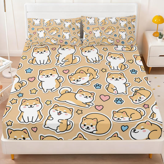 ARIGHTEX Cute Shiba Inu Fitted Sheet Set Twin Size, 3 Pieces Kawaii Dog Bedding for Pet Lover Gift, Cartoon Shiba Puppy Microfiber Deep Pocket Bed Sheets with 2 Pillowcases (No Flat Sheet)
