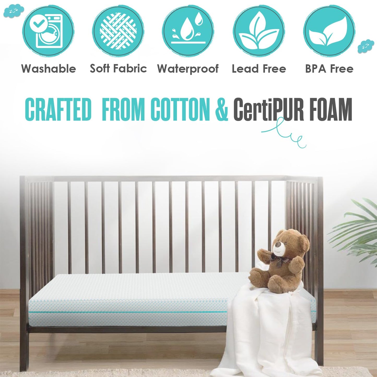 Sleepah 6" Crib & Toddler Bed Mattress - Made in USA – Waterproof Washable Breathable Soft Fabric - Dual Sided Cooling Memory Foam – CertiPUR & OKEO-Tex Certified Mattresses for Baby & Toddlers Blue