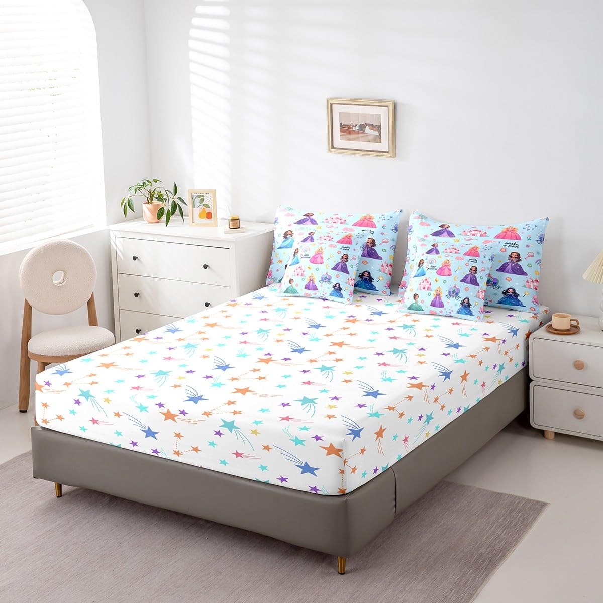 jejeloiu Cute Princess 7 Piece Bedding Set Queen Size Castle Comforter Set with Sheets,Pillowcases & Cushion Cover for Adults Fairy Dreamy Bed in a Bag Rainbow Flower Blue All Season Soft