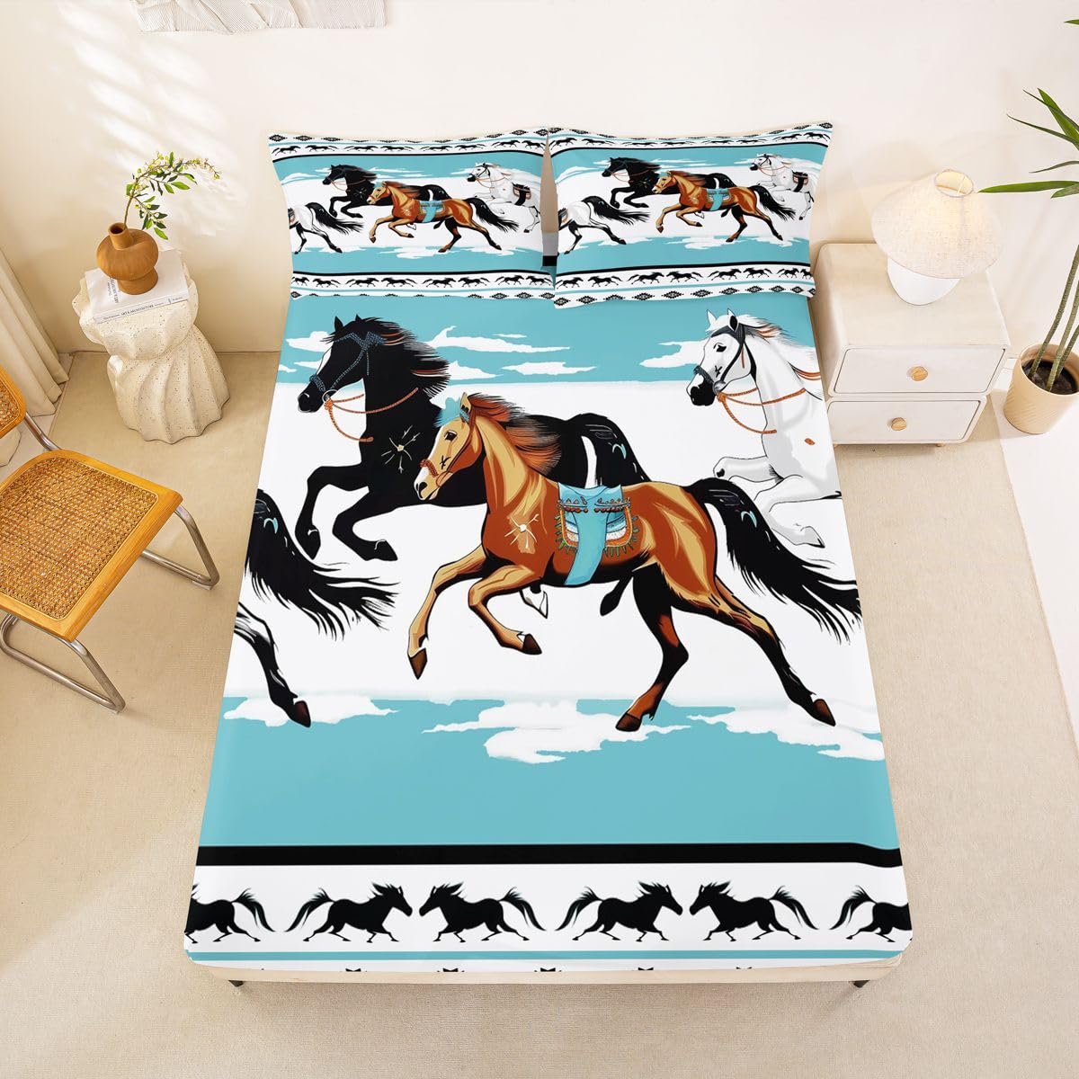 jejeloiu Horses Bed Sheets Set Queen Size Tribal Farm Sunset Run Bed Set Farmhouse Wildlife Deep Pocket Fitted Sheet Southwestern Native Aztec Breathable Soft Lightweight Microfiber
