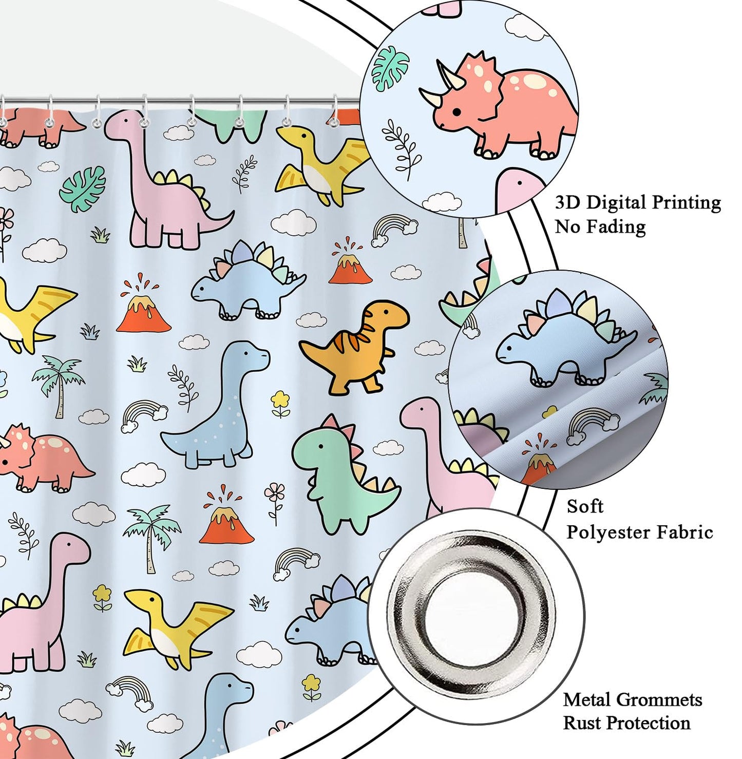 Pyrence Cartoon Dinosaur Shower Curtain, Funny Kids Theme Dino Shower Curtains for Bathroom, Cute Rainbows Clouds Volcanoes Palm Trees Decor Polyester Fabric Shower Curtain Sets 12 Hooks 72X72 in