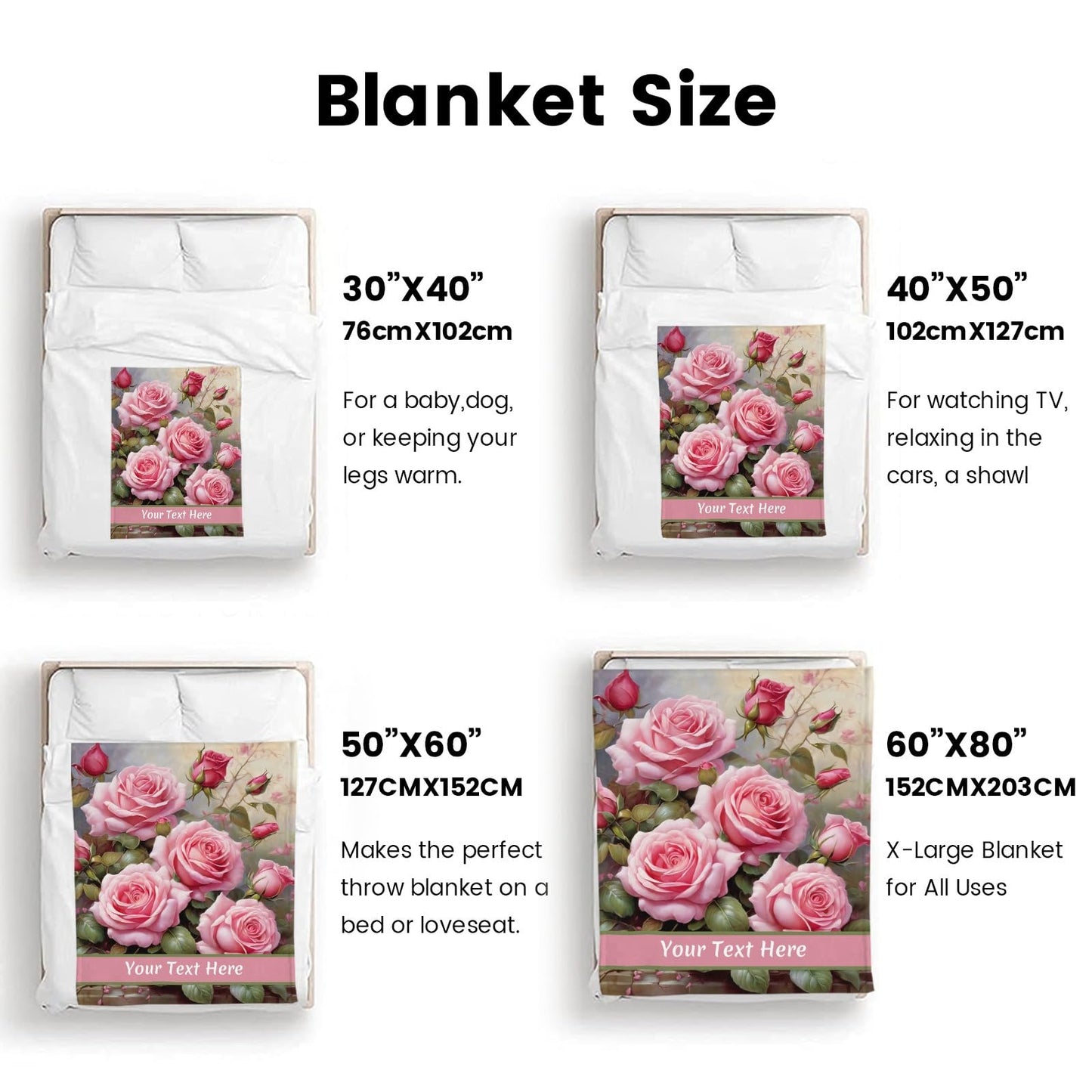 Personalized Blanket Pink Rose, Ultra Soft Micro Flannel Blanket for Bed Couch Living Room Valentine's Day, 30" x 40"