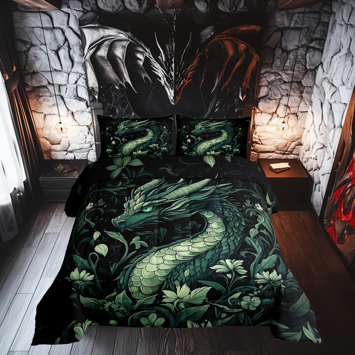 Retro Dragon Kids Comforter Toddler,Botanical Plants Wildlife Bedding Set for Teens Youth Bedroom Decor,Jungle Wild Leaves Animals Reversible Quilt Sets,Rustic Farmhouse Style Bedding Comforter Set