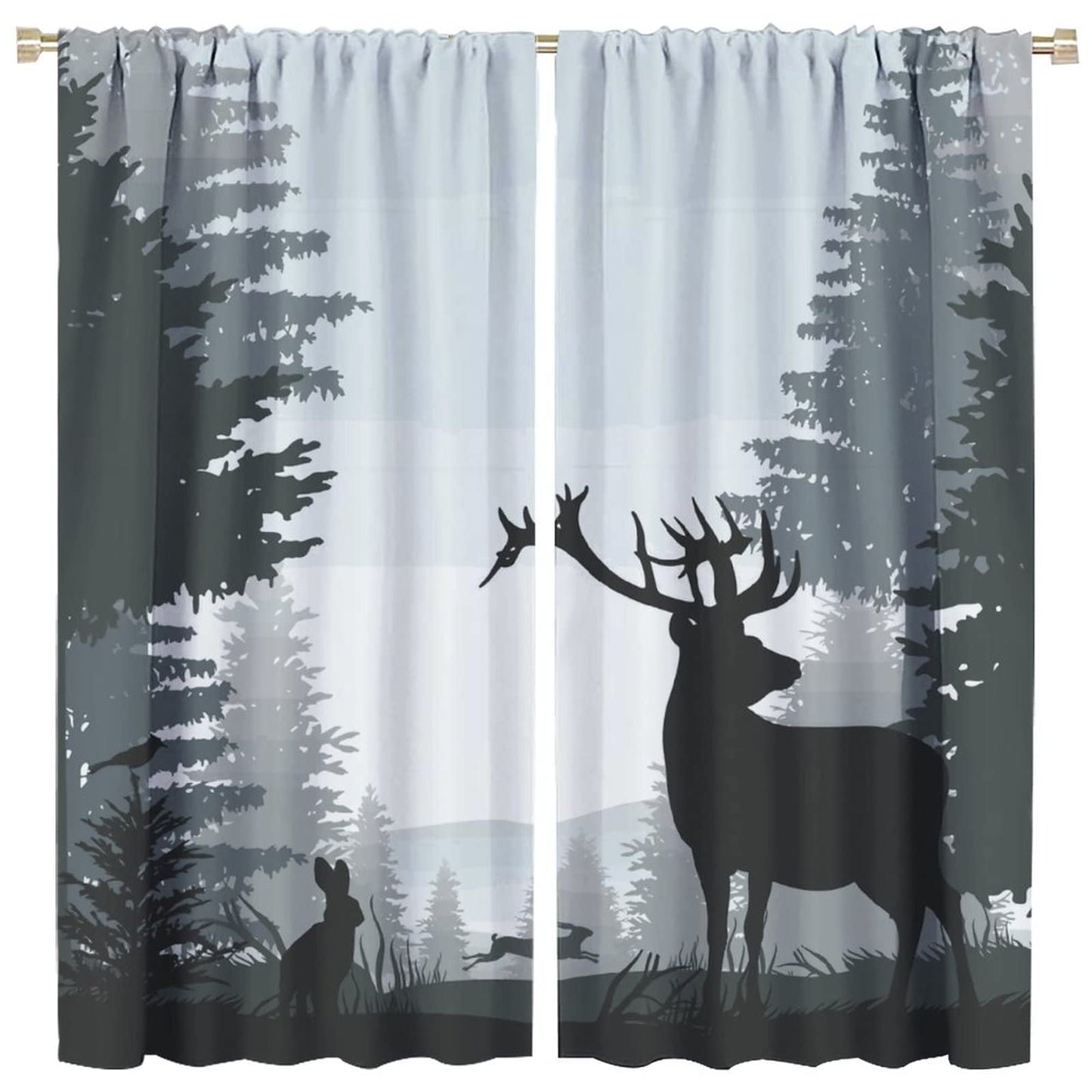 Deer Blackout Curtain,Misty Forest Rustic Wildlife Moose Mountain Elk Rabbit Pine Forest Silhouette Window Curtains Bedroom Living Room Insulated Window Drapes,2 Panels W42 xL45
