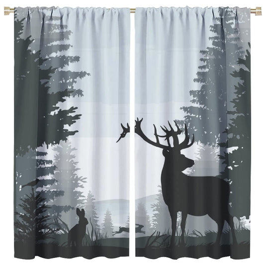 Deer Blackout Curtain,Misty Forest Rustic Wildlife Moose Mountain Elk Rabbit Pine Forest Silhouette Window Curtains Bedroom Living Room Insulated Window Drapes,2 Panels W42 xL45