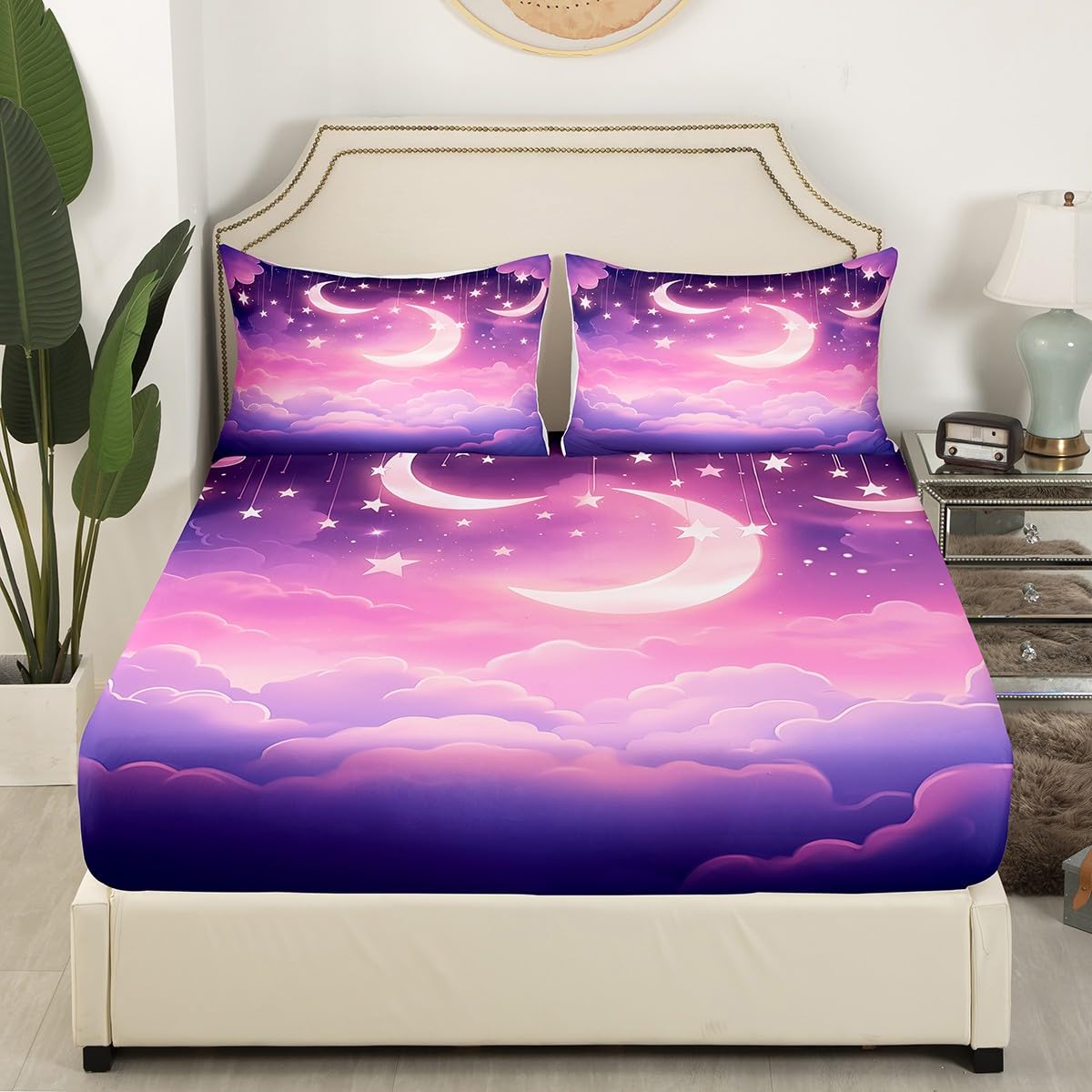Moon Night Kids Fitted Sheet Full Size,Glitter Starry Sky Galaxy Dreamy Bedding Set,Boys Girls Room Decor,Moon Clouds Bed Cover,Purple Romantic Bed Sheet,2 Pillowcases