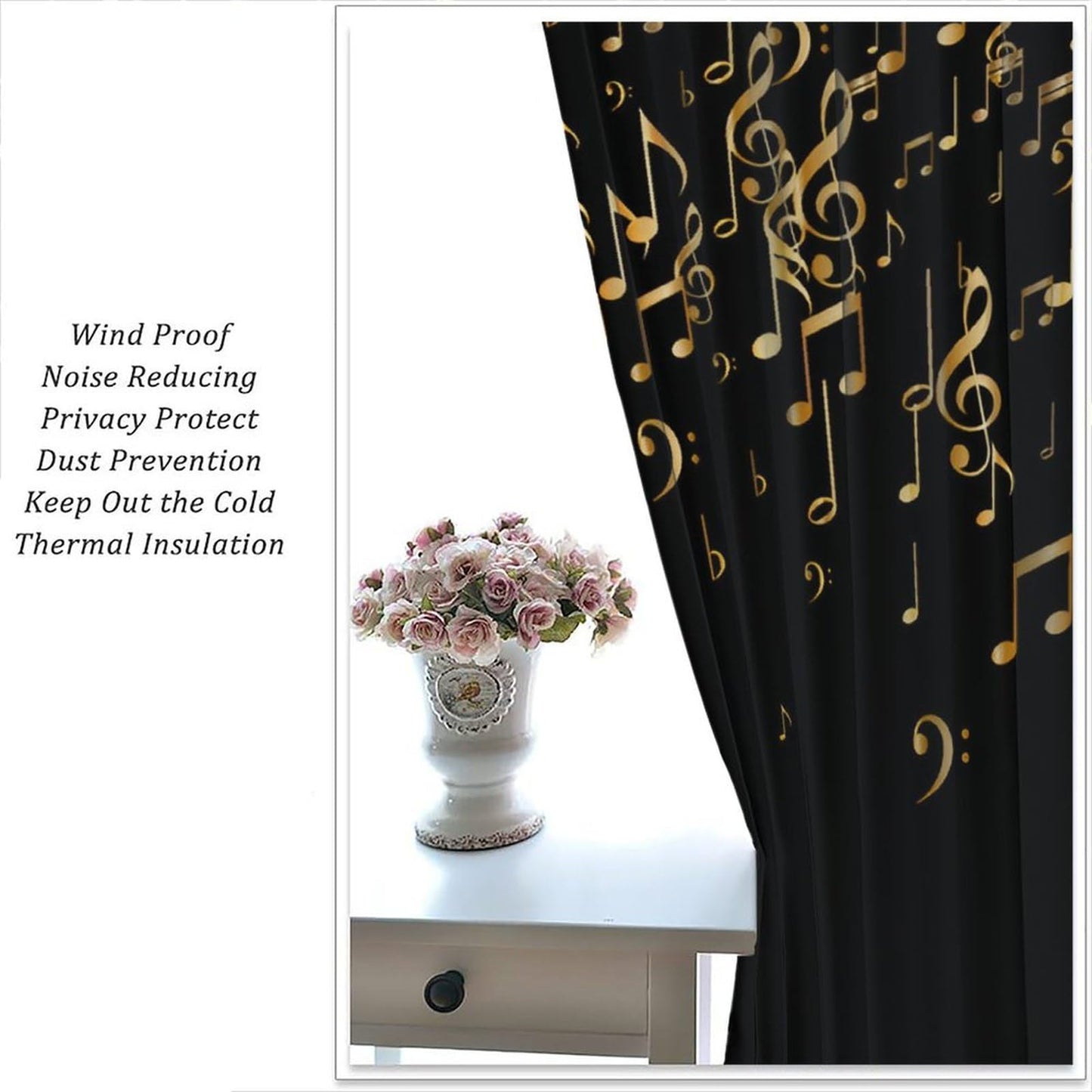 Musical Notes Curtains, Golden Music Note Print Black Background Modern Art Window Treatments Drapes for Living Room Bedroom Kitchen Home 42" W X 45" L(No Blackout)
