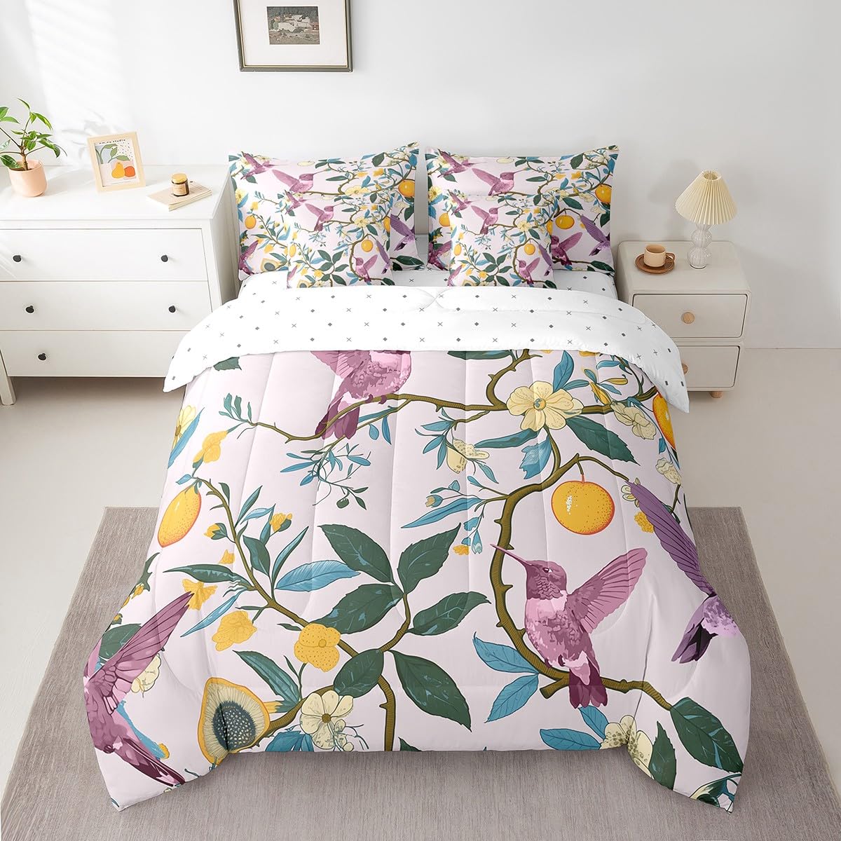 Pink Hummingbirds Bedding Set For Kids Teens,Lemon Tree Branches Comforter Set King Size,Oil Painting Fruit (Comforter+Fitted+Flat Sheet+2 Pillowcases+2 Throw Pillow Covers) 7 Pieces Bed Set